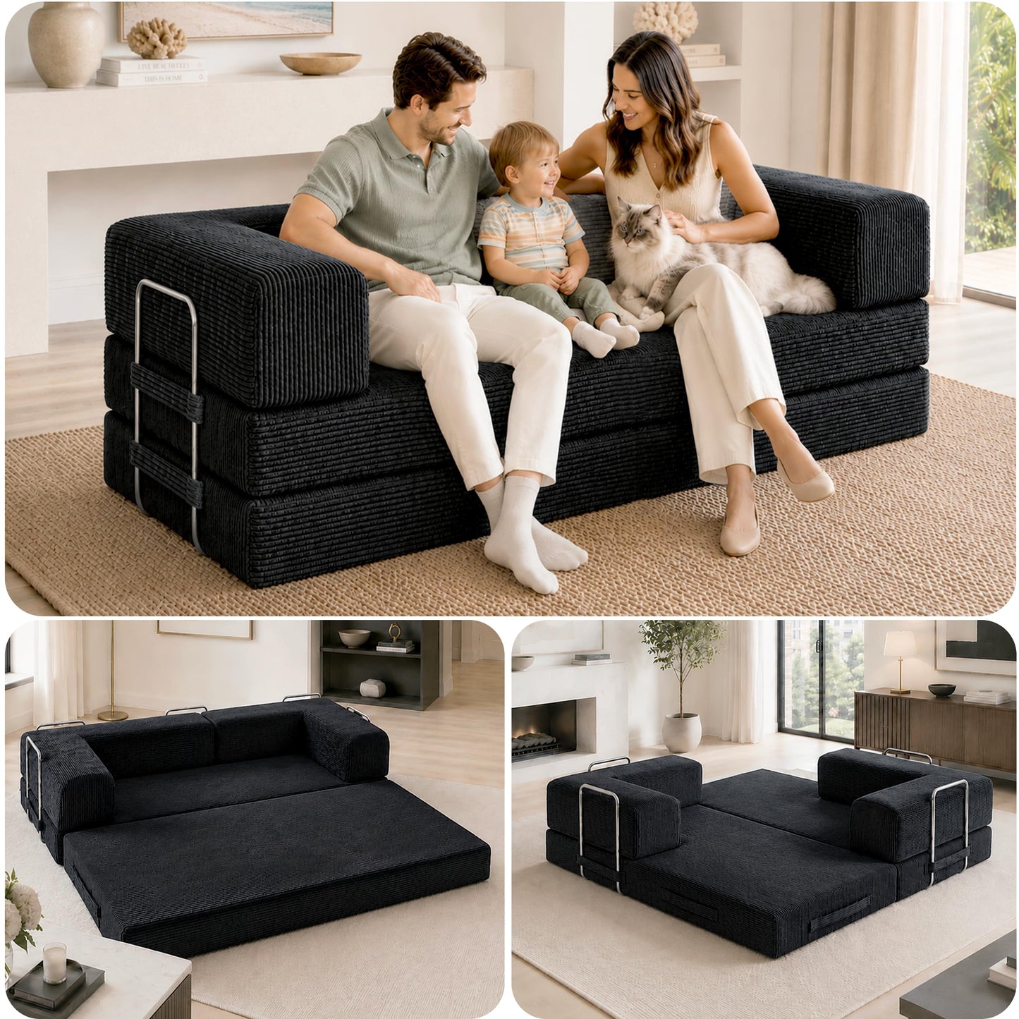 TUFT & FINCH Black Boneless Couch Sofa Bed - 82" Modular Corduroy Convertible Sleeper Sofa for Living Room – 3 Seater Folding Couch Bed, Pet-Friendly Removable Washable Covers, CertiPUR-US Foam