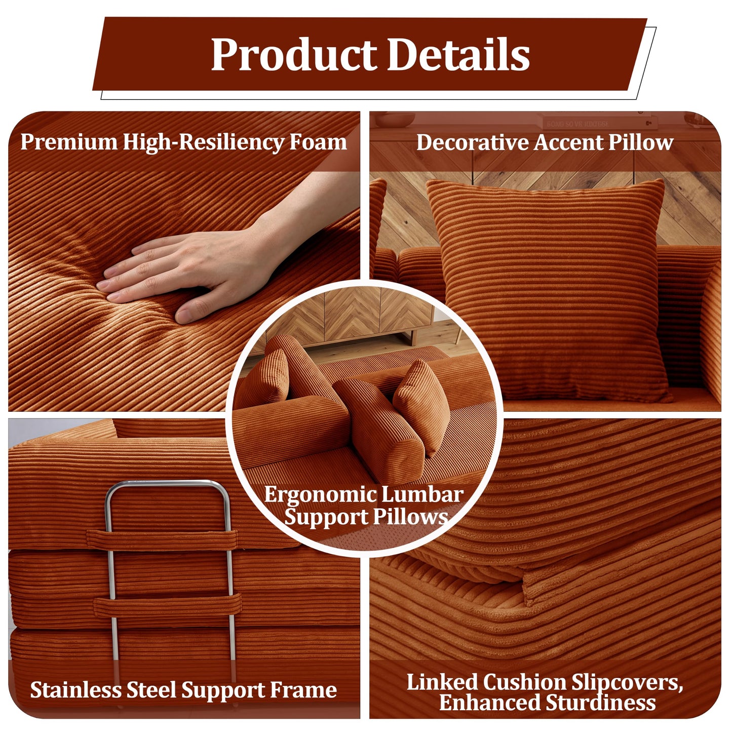 59'' Convertible Compressed Corduroy Folding Cloud Sofa Bed, Modern Boneless Pull Out Loveseat Sleeper in a Box, 4 in 1 Floor Mattress Futon Fluffy Couch, No Assembly Needed, Orange, 2 Pillows, Full