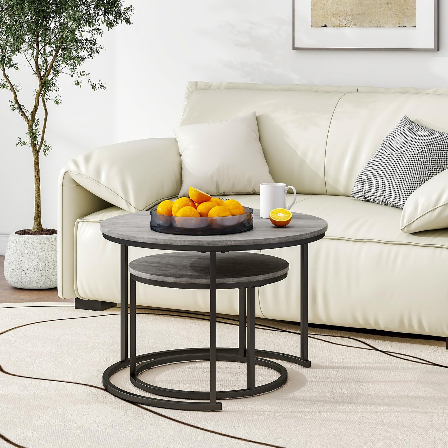 HOJINLINERO Round Coffee Table,Nesting Coffee Table Set of 2,Center Tables for Living Room,Office, Home Small Space,Stacking Side Tables,Sturdy and Easy Assembly,Wood Desktop,Black+Warm Grey,Large