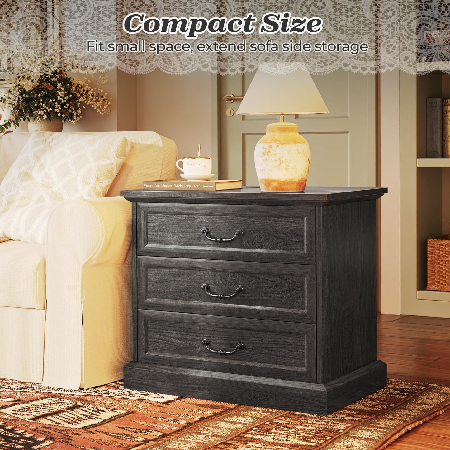 Huuger Nightstand with Charging Station, 3 Drawer Night Stand, 22 Inch Wider Side Table with Storage, Farmhouse Nightstand with Vintage Handles, Thicken Base, for Bedroom, Black