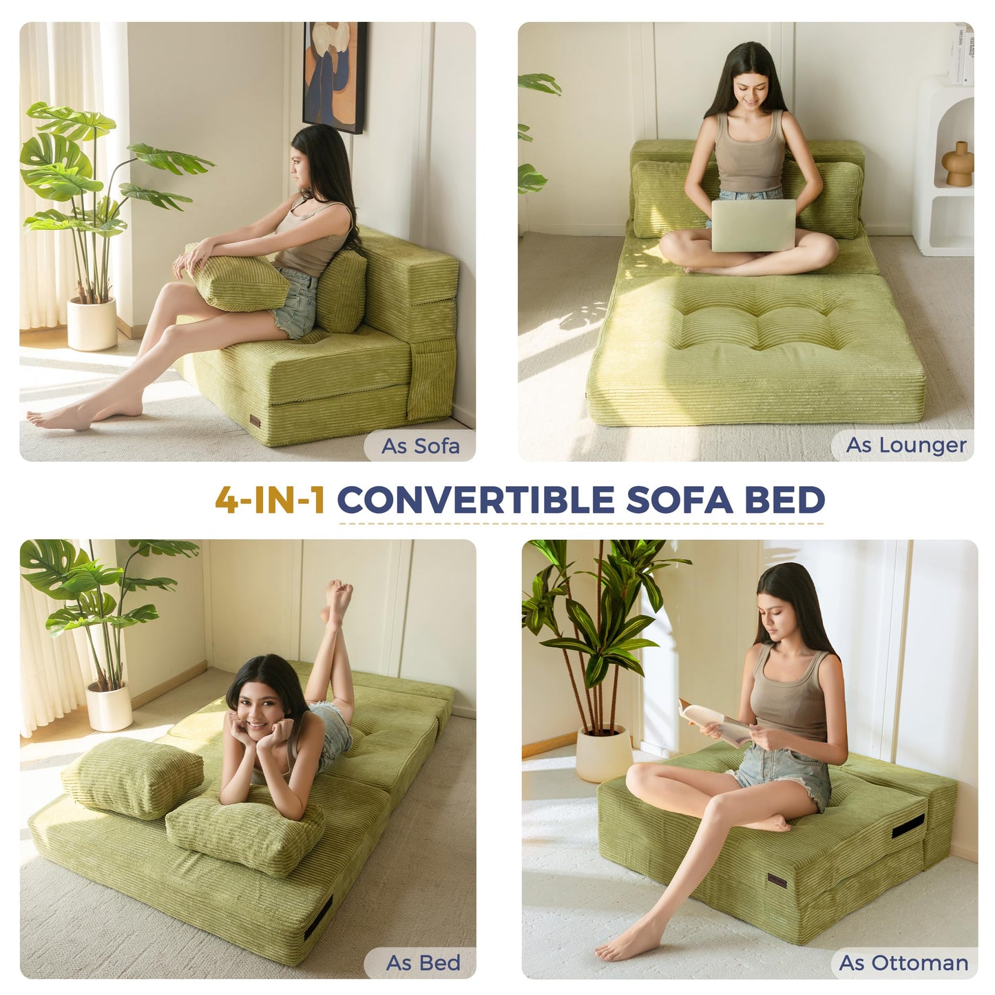 MAXYOYO Convertible Sofa Bed, Fold Out Loveseat Sleeper Sofa with Pillow, 4 in 1 Tufted Folding Couch Bed Foam Floor Couch, Lazy Chair for Living Room Bedroom Guest Room, Green