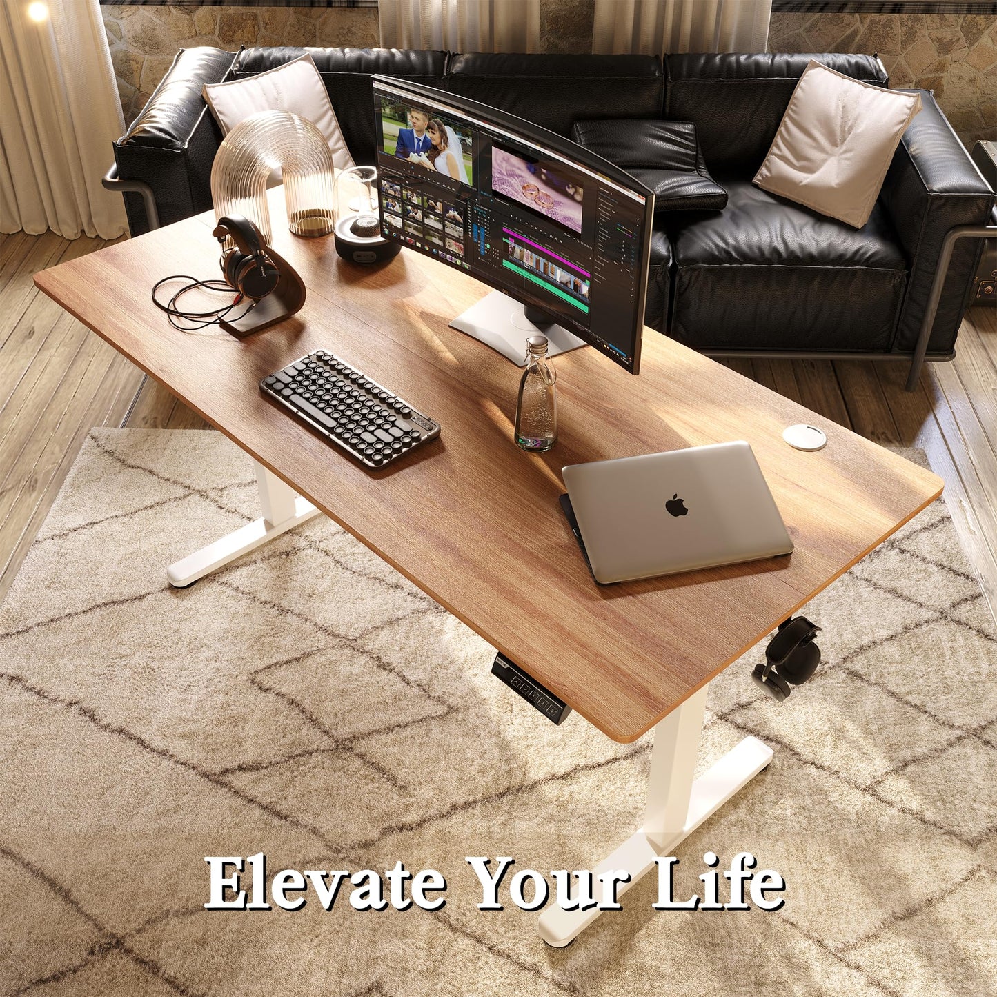 Monomi Electric Standing Desk, 63 x 28 inches Height Adjustable Ergonomic Home Office Sit Stand Up Desk with Memory Preset Controller (Natural Top/White Frame)