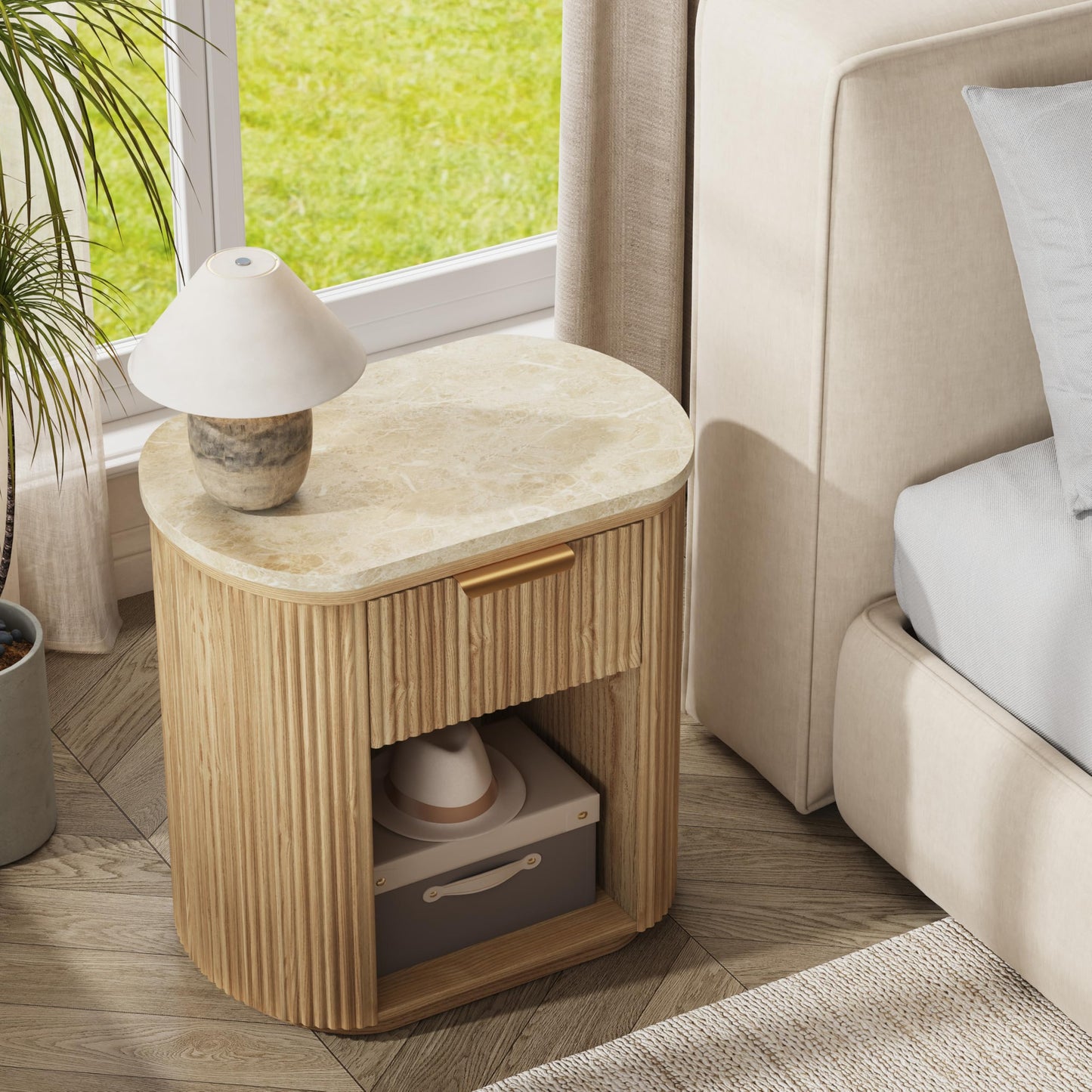 Fluted Nightstand with Faux Marble, 23.6" Large Bedside Side Table with Drawer, Wood End Table with Storage, Curved Round Corner, Furniture Bedroom Sofa, Mid Century Modern, Boho,Oak, Marble