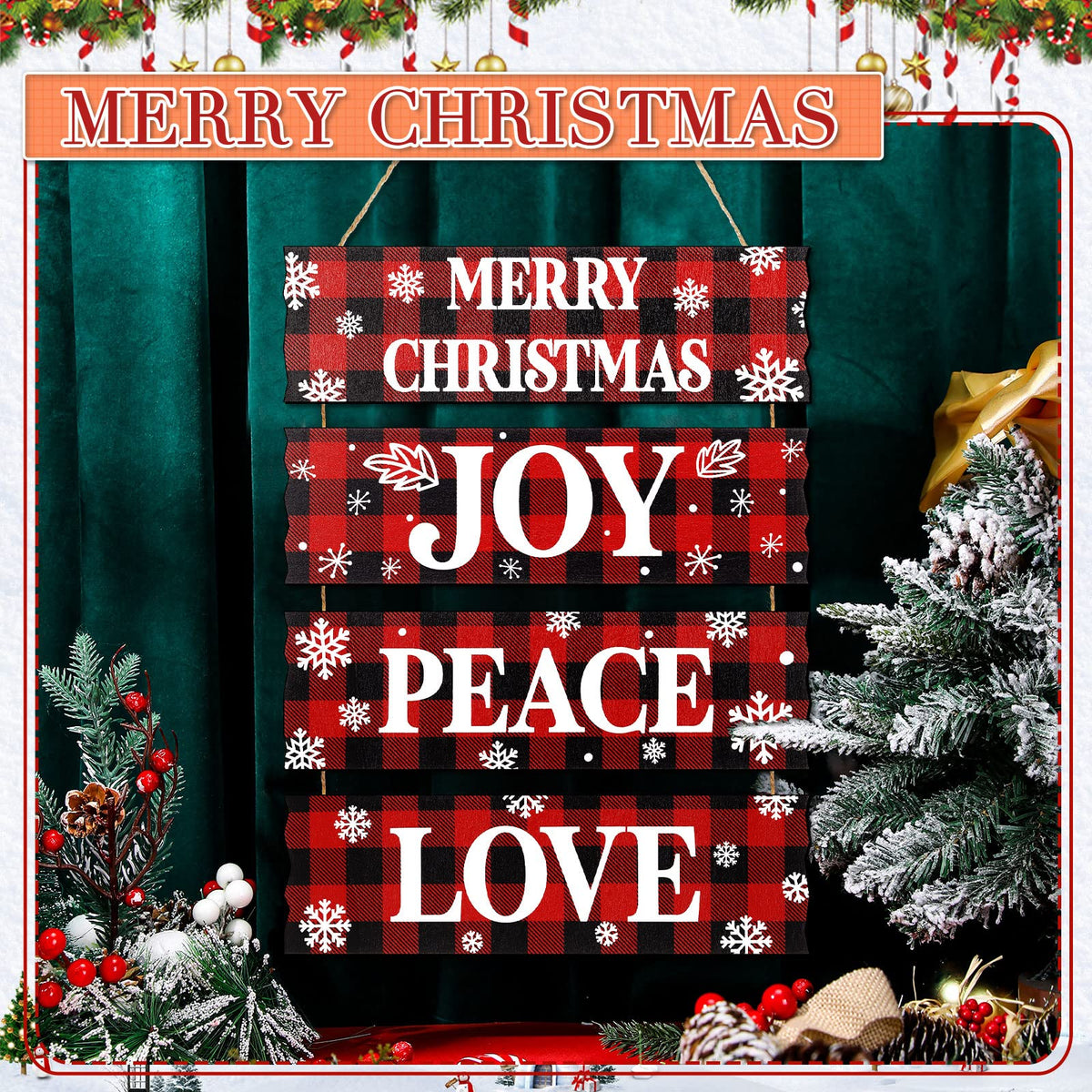 Geelin 4 Pcs Christmas Wood Hanging Signs - Merry Christmas, Joy, Peace, Love - Wooden Square Sign Decoration for Home Indoor Outdoor(Plaid Style)