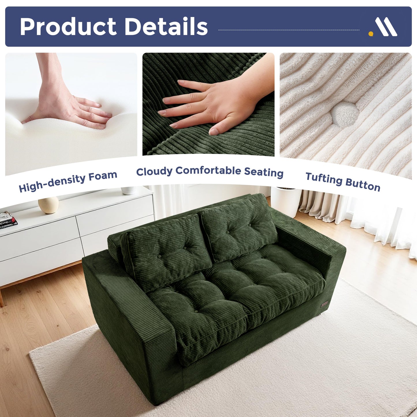 MAXYOYO Loveseat Sofa Couch, Upholstered Bean Bag Chair Cloud 2-Seat for Adults, Boneless Couch with Tufted Cushion & Pillows, Sofa in A Box, No Assembly Required, Dark Green