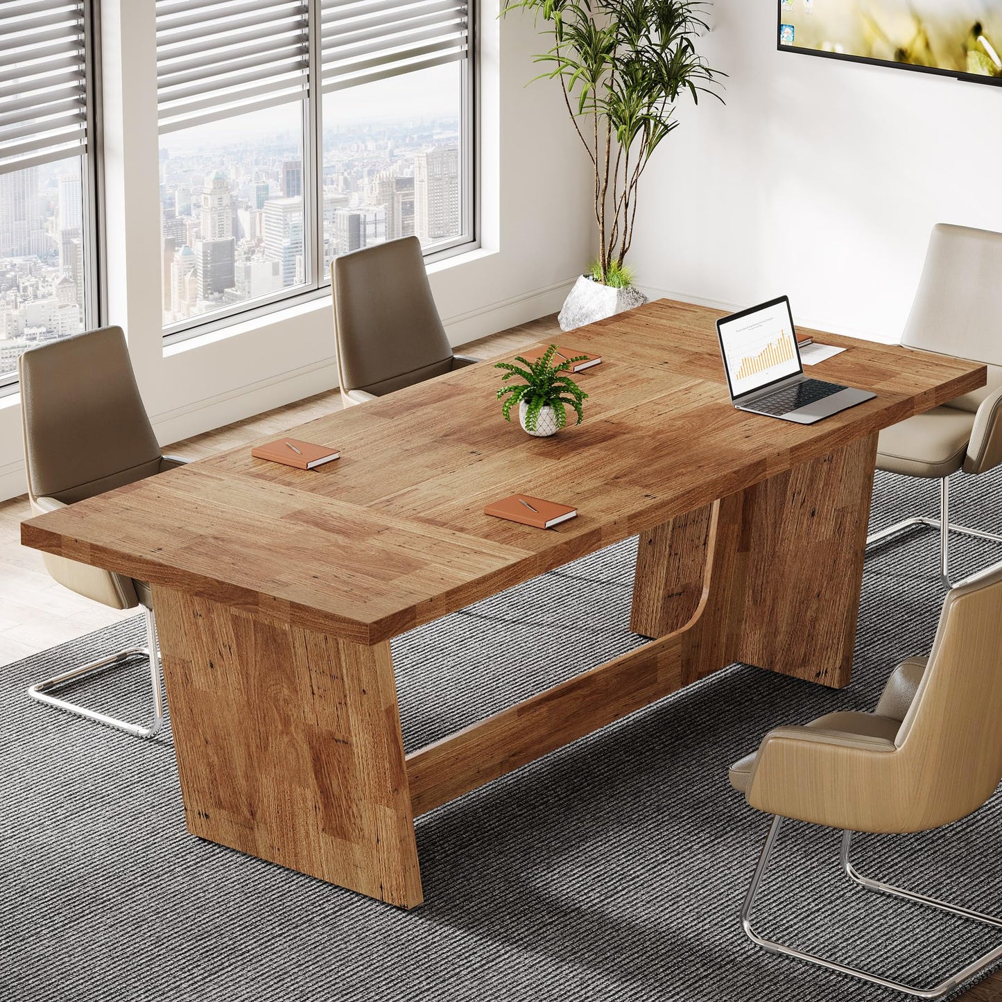 Tribesigns 6 FT Conference Room Table, 71” Rectangular Meeting Table for Office, Large Executive Seminar Desk for 6–8 People, Heavy-Duty Business Boardroom Table with Wooden Pedestal Base, Light Brown