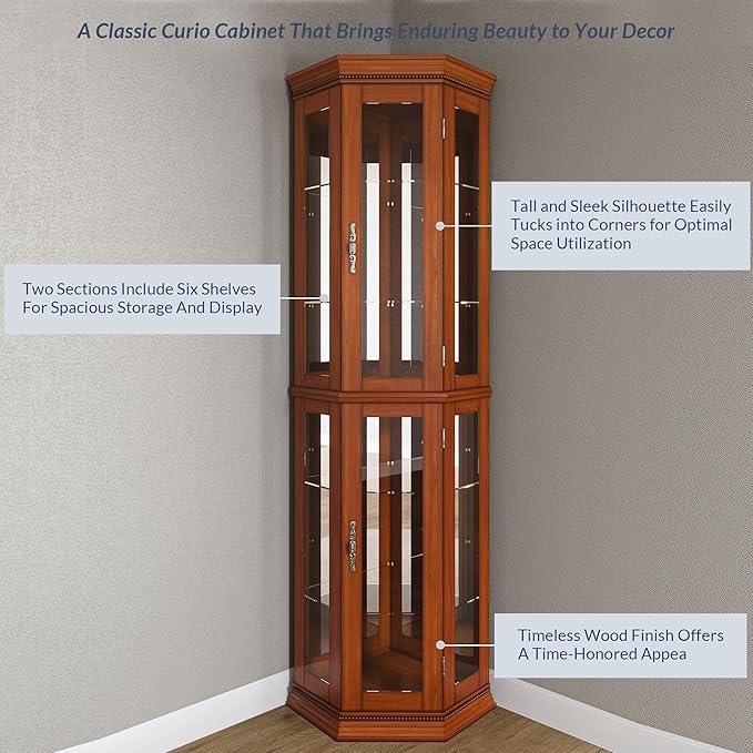 BELLEZE Lighted 3-Side Glass Display Curio Cabinet w/Tempered Glass Doors and