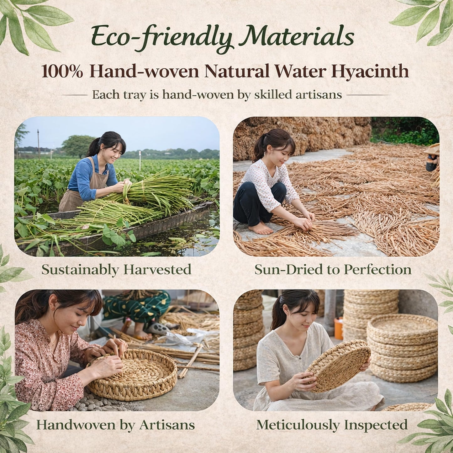 Extra Large Round Ottoman Tray Set of 3 (20", 16", 10")–Water Hyacinth Rattan Wicker Coffee Table Tray with Handles, Oversized Serving Tray for Kitchen Island, Dining Table, Entryway, Bedroom Decor
