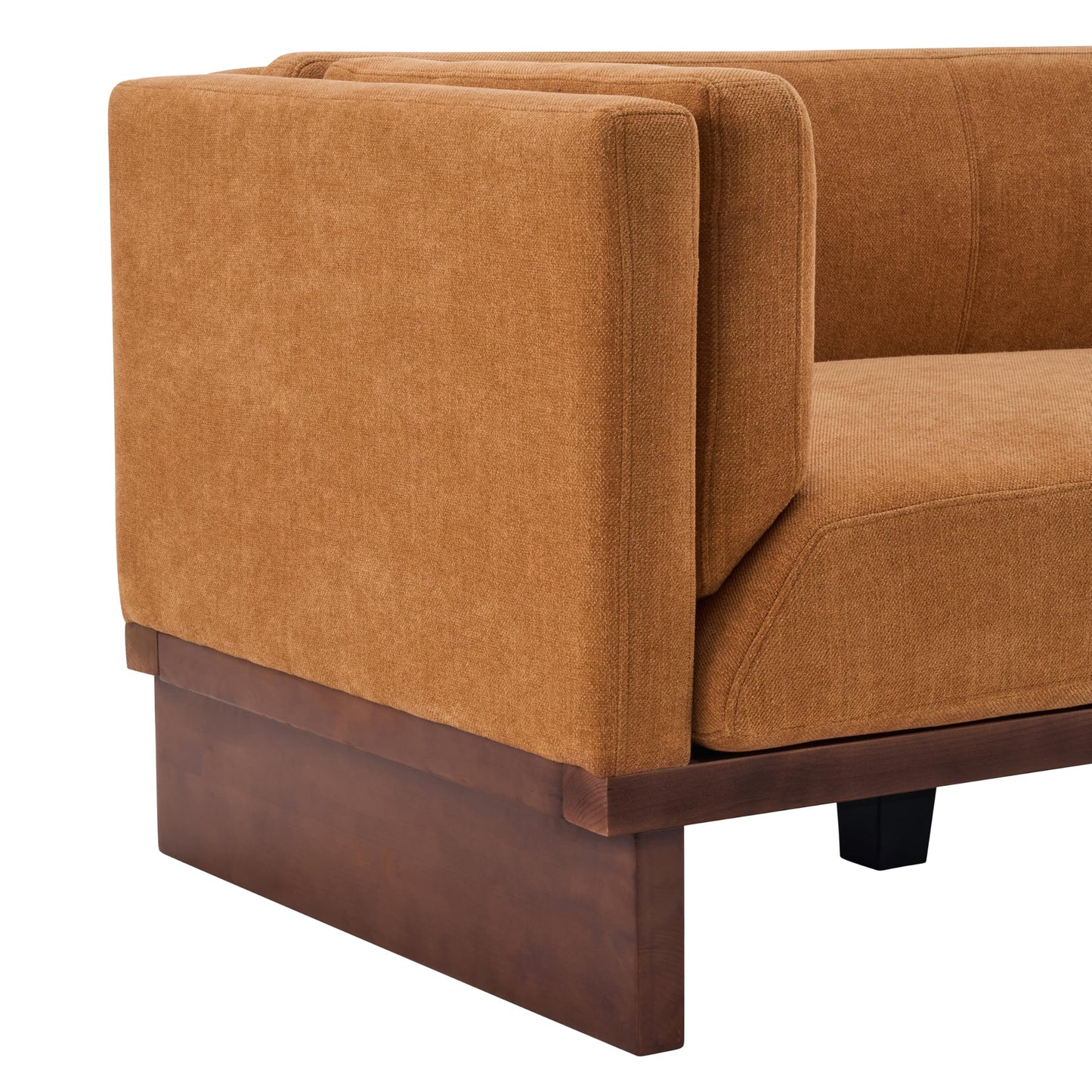 Christopher Knight Home 87" Recessed Modern Sofa Couch, 3 Seater Deep Seat Upholstered Polyester Fabric Sofa with Straight Back, Arms & Solid Wood Frame, Accent Sofa for Living Room Bedroom, Caramel