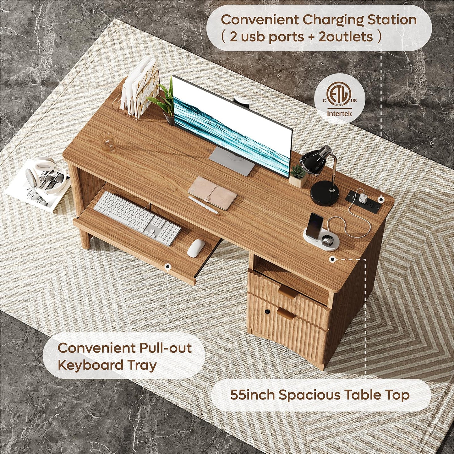 Bestier 55 Inch Wood Computer Desk with Fingerprint Lockable Drawers and Keyboard Tray,Modern Home Office Desk with File Drawer & Charging Station, Oak Wooden Desk for Work, Brown