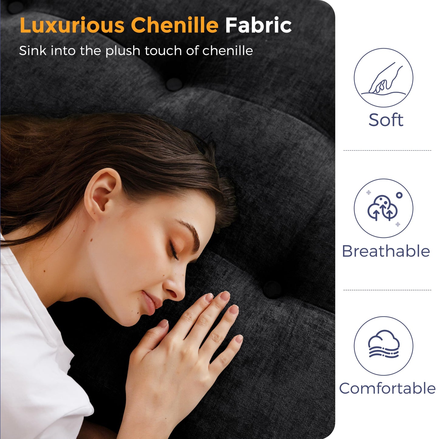 MAXYOYO 6" Folding Sofa Bed for Floor, Tufted Tri-Fold Floor Mattress with Chenille Fabric, Queen Size Portable Sofa Couch Guest Mat for Adults, Foldable Topper for Camping, Black, 59"x78.7"