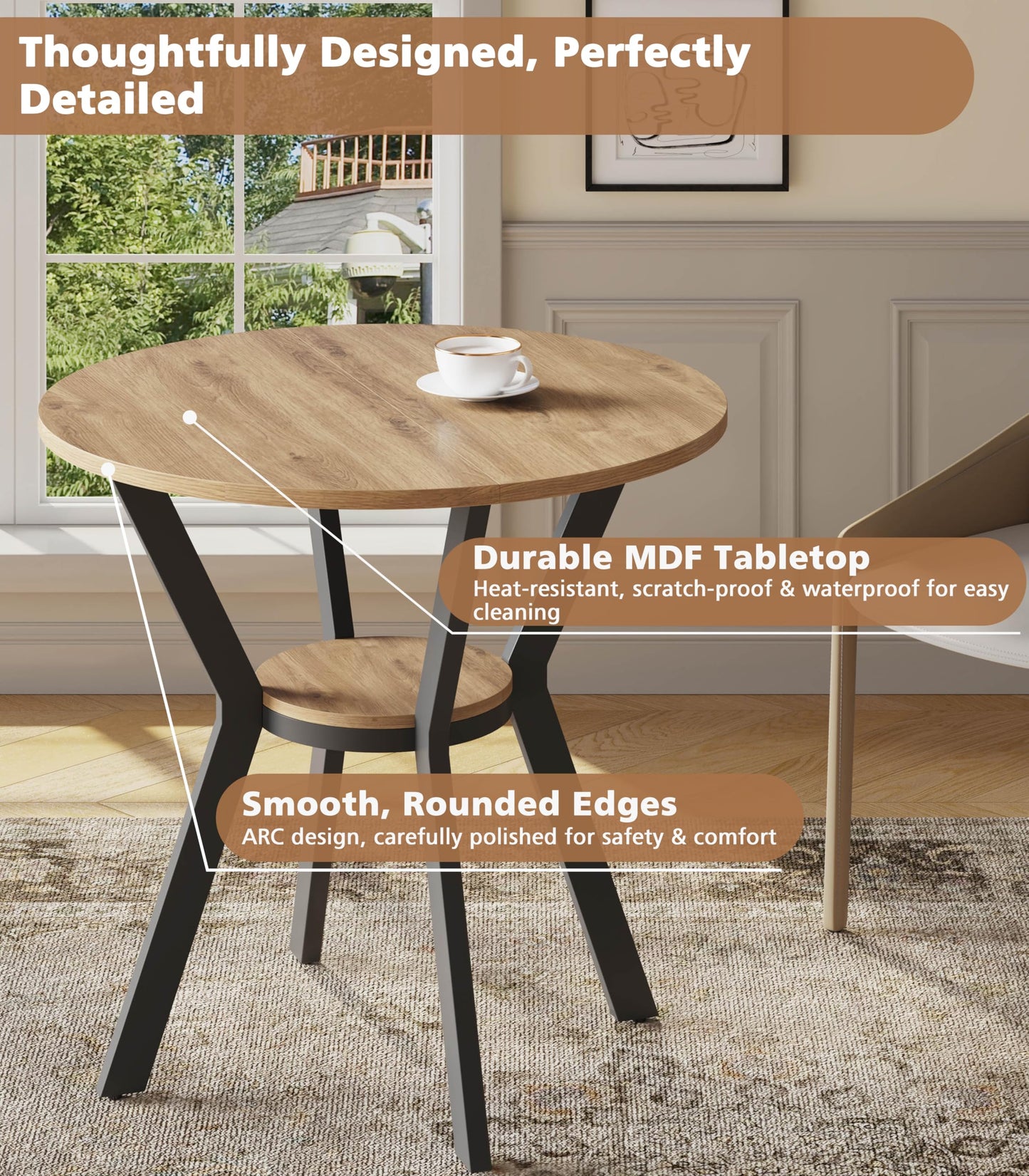 Round Kitchen Tables for 2-4, 31.5" Small Dining Tables with Storage, Rustic Wood Circle Dinner Table with Metal Leg, Farmhouse Dinner Table for Small Space, Dining Room, Kitchen, Office, Apartment