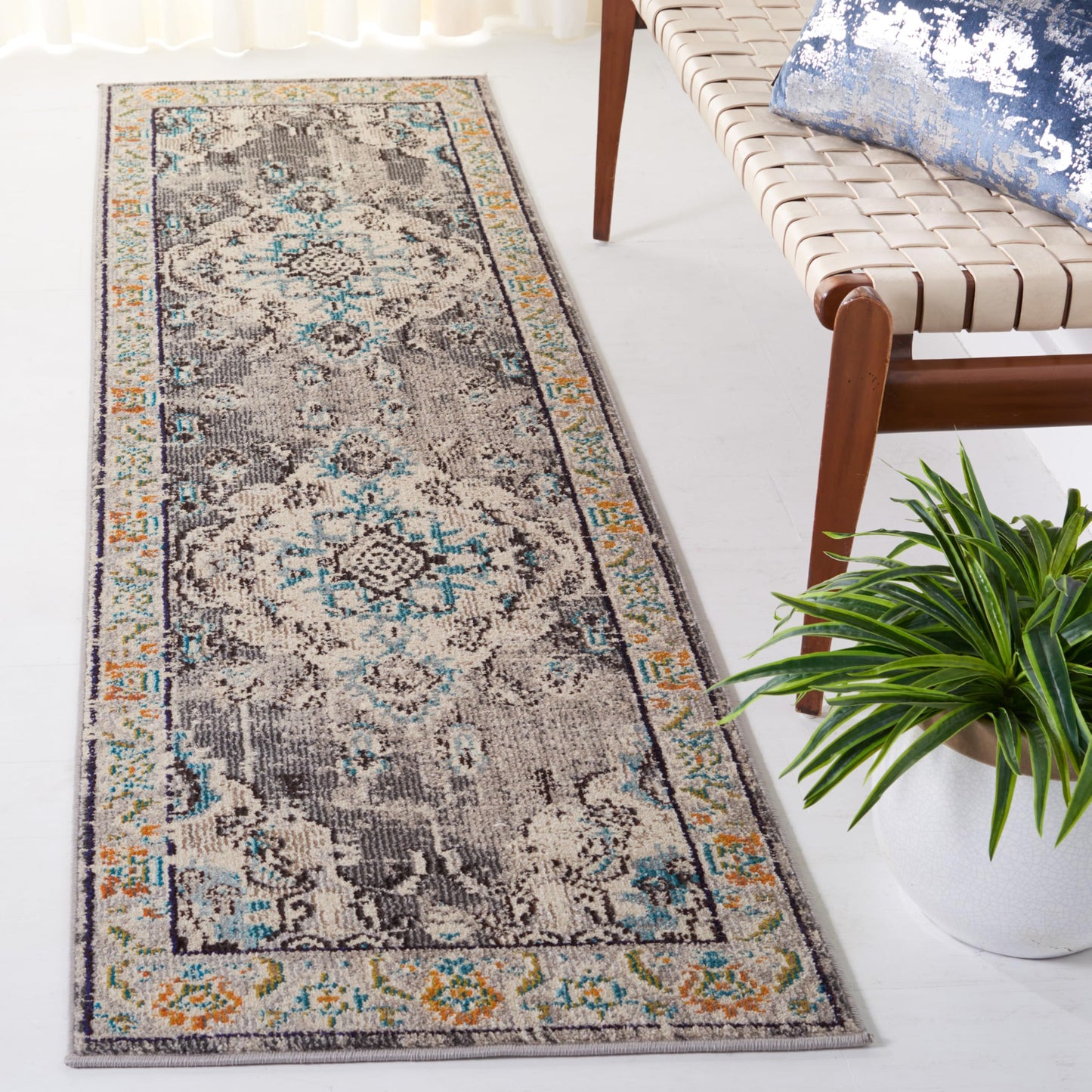 SAFAVIEH Monaco Collection Runner Rug - 2'2" x 14', Grey & Light Blue, Non-Shedding & Easy to Clean, Distressed Medallion Design, Ideal for Hallway, Foyer, Entryway, Kitchen, Bedroom (MNC243G)