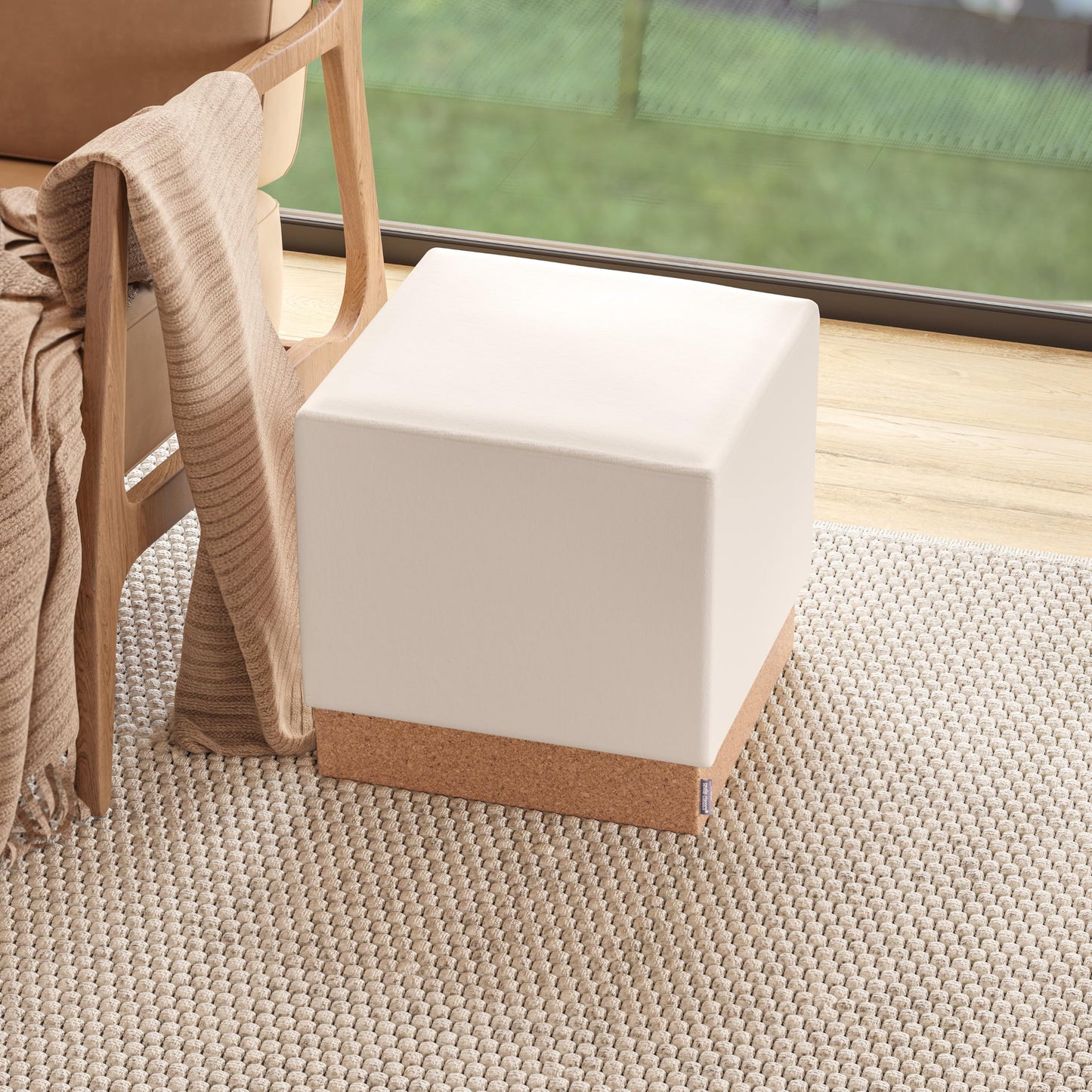 Seville Classics Cushioned Fabric Ottoman Hidden Storage Chest Footrest Chair, Padded Seat for Bedroom, Dorm, Loft, Living Room, Entryway, Hallway, Cork/Cream, 15" Cube