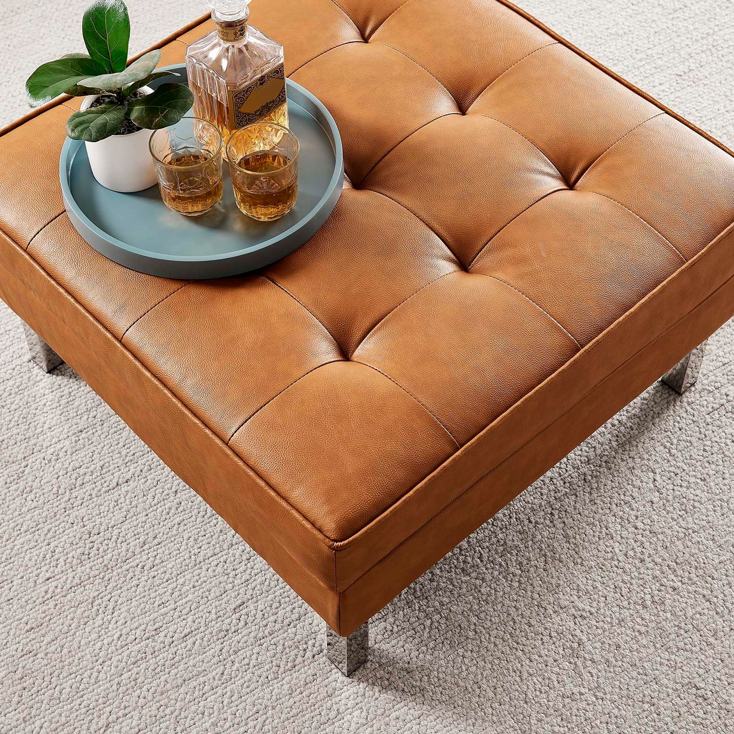 Modway Loft Tufted Button Faux Leather Upholstered Square Ottoman in Silver Tan