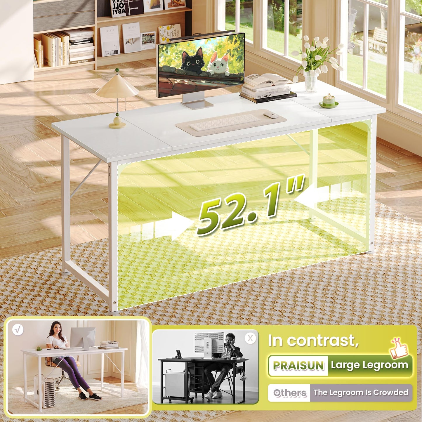 PRAISUN 55 Inch Computer Desk, Home Office Desk with Spacious Desktop, Modern Gaming Desk, Writing Study Table for Bedroom, Small Spaces, Work from Home Desk with Metal Frame, White