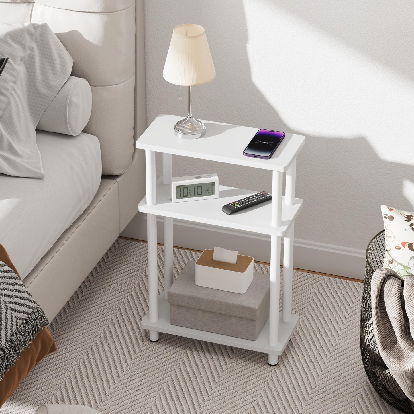 Apicizon Small Narrow Side Table, 3-Tier Skinny End Table with Storage Shelf, Slim Nightstand Bedside Table for Small Spaces, Living Room, Bderoom, White