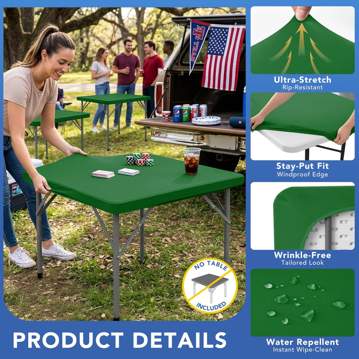 Enjoyidea Square Fitted Tablecloth 34x34 Inch-2 Pack Green Card Elastic Spandex Table Cover-Small Stretch Folding Christmas Table Cloths Topper Cap for Kitchen Dining Picnic Patio Outdoor Party Tables