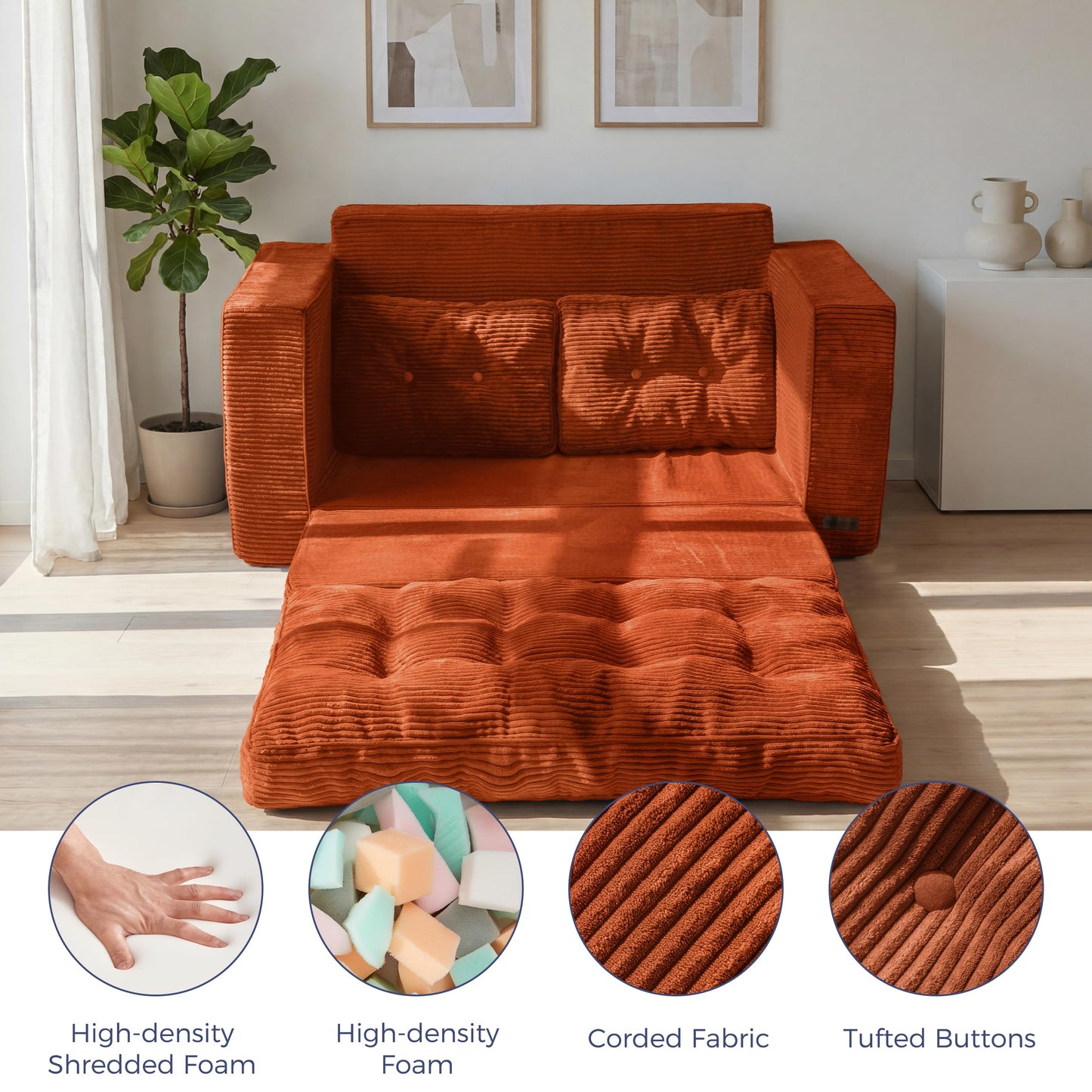 MAXYOYO Convertible Sofa Bed, Pull Out Loveseat Sofa Couch, 2 in 1 Folding Couch Bed, Fold Out Floor Couch with Pillows for Living Room Bedroom Lounge