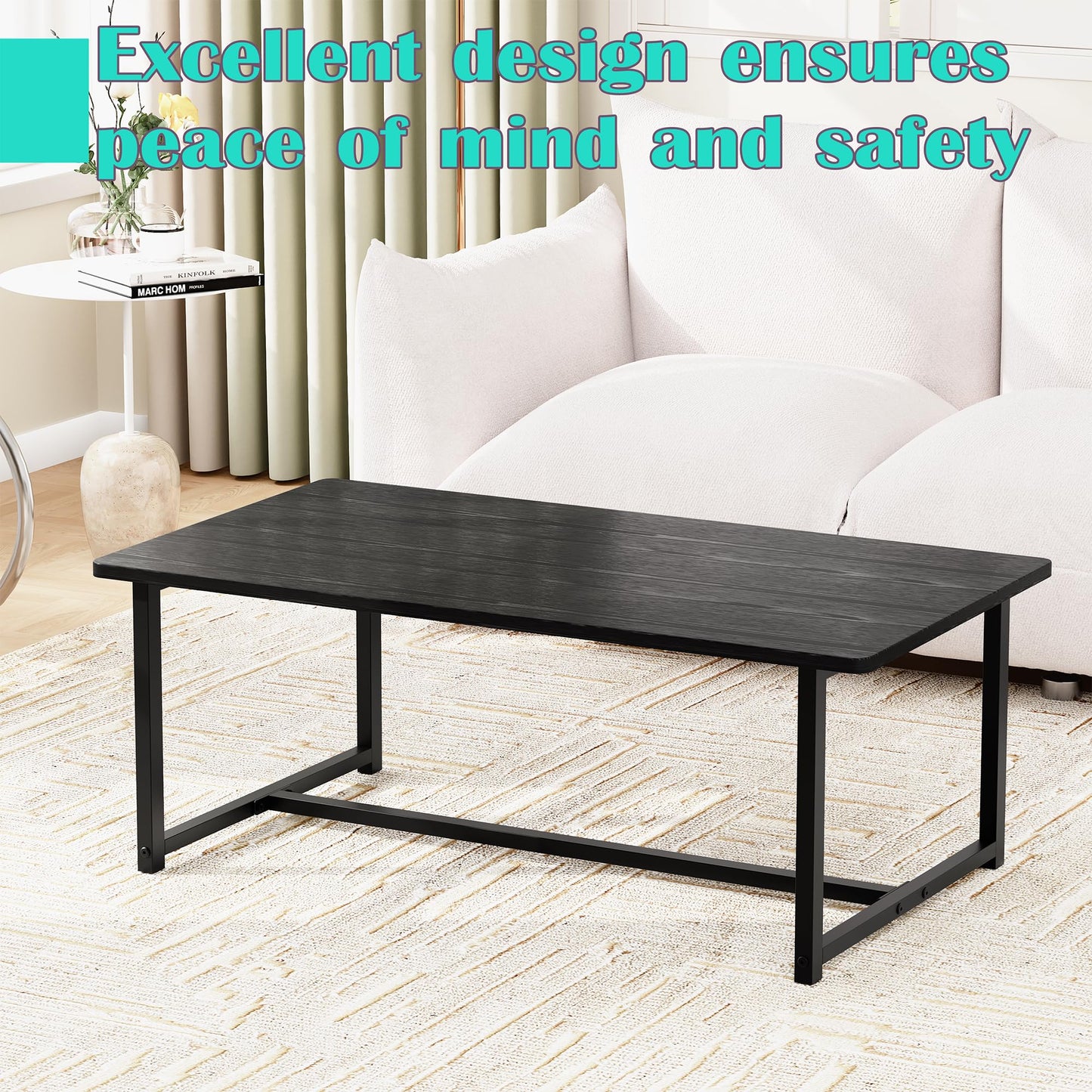 Coffee Table for Living Room, Modern Rectangular Center Coffee Tables for Small Space, Industrial Furniture, Sofa End Tables/Tea Table/Center Table, Couch Table with Metal Black Frame Black Top
