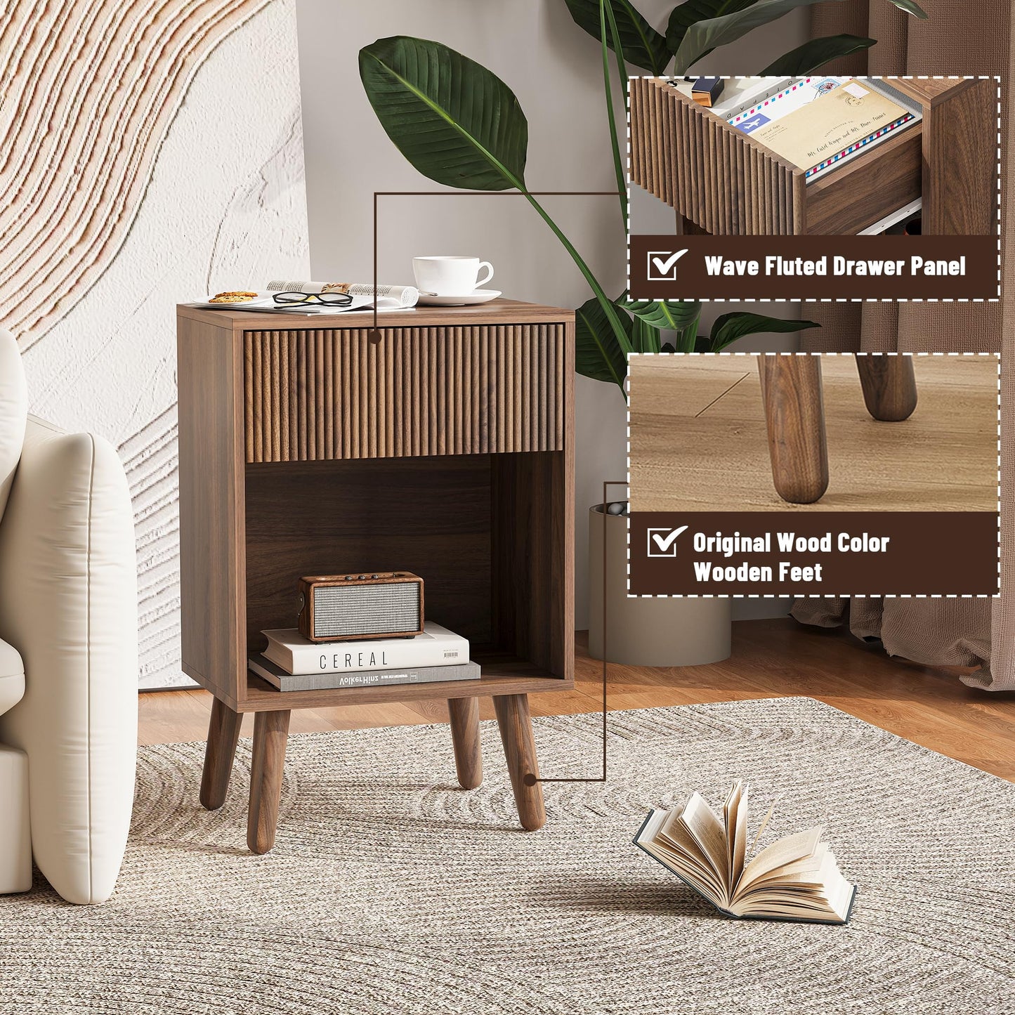Nightstand, Modern Bedside Table with Storage Drawers and Open Wood Shelf, Night Stand with Solid Wood Legs, End Tables Side Tables for Living Room, Bedroom Walnut