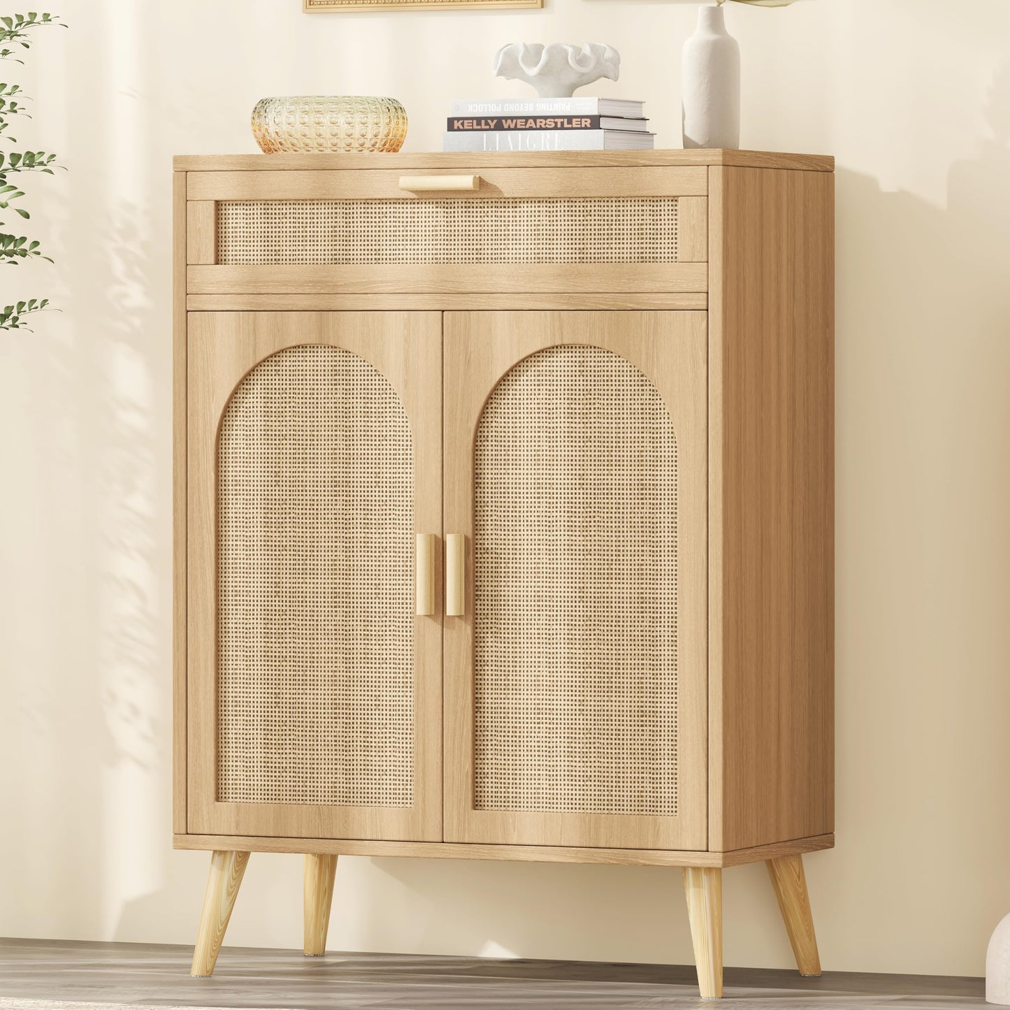 Rattan Sideboard Buffet Cabinet with Storage, Boho Sideboard with Drawer & Adjustable Shelf, Kitchen Floor Cabinet with 2 Doors & Solid Wood Feet, Coffee Bar for Entryway, Living Room, Natural Oak