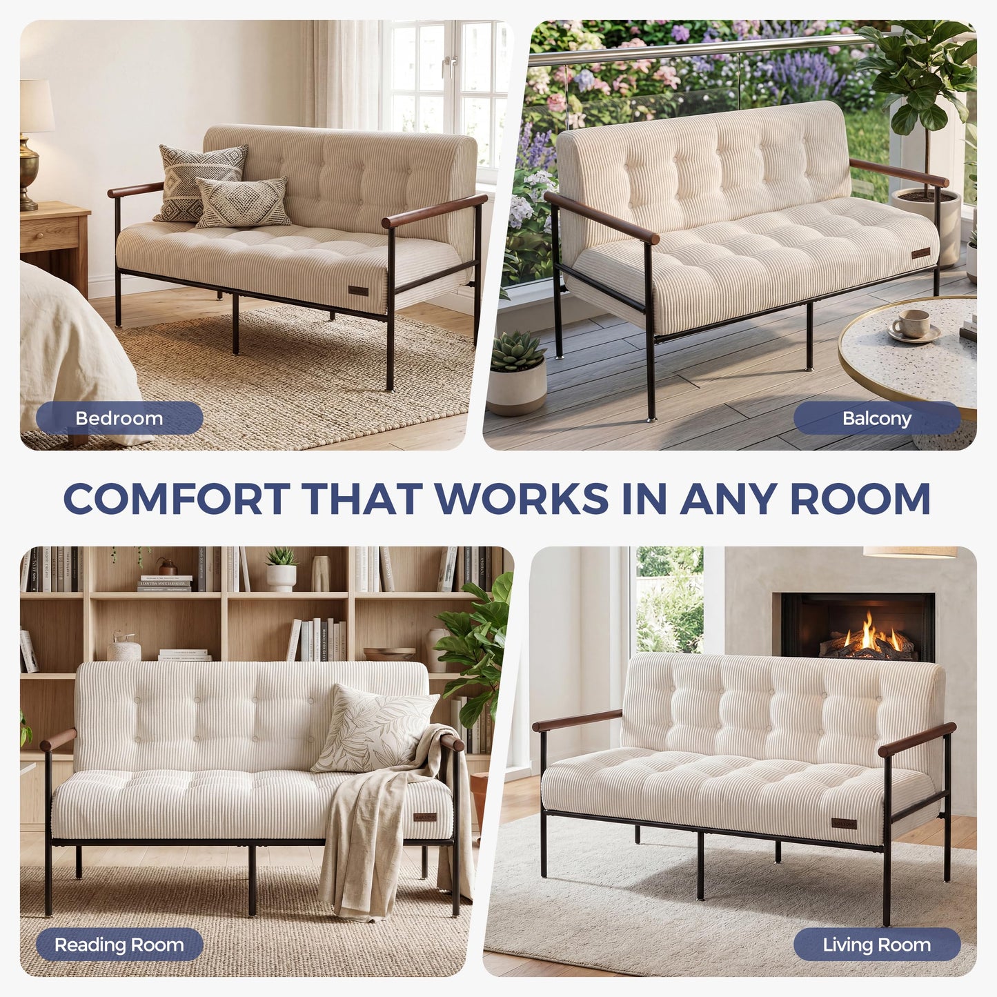 MAXYOYO Loveseat Sofa, Button Tufted Upholstered Small Couch for Living Room, Modern Love Seat Couches with Metal Frame & Wood Armrests for Bedroom Office, Easy to Install, Beige