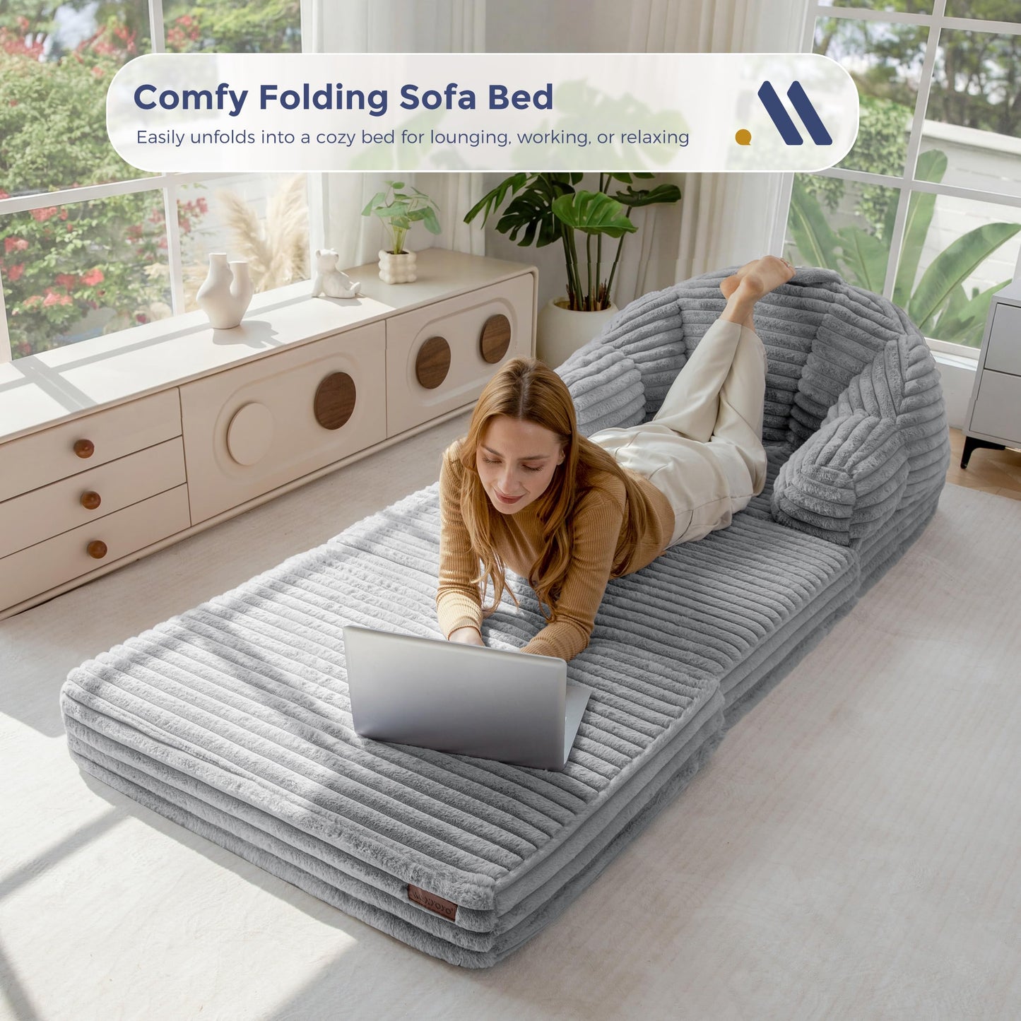 MAXYOYO Folding Sofa Bed, 2 in 1 Convertible Sofa to Lounger Comfy Faux Fur Bean Bag Chair for Adults, Floor Single Couch Chair with Handle, Couch Bed for Living Room Bedroom, Grey