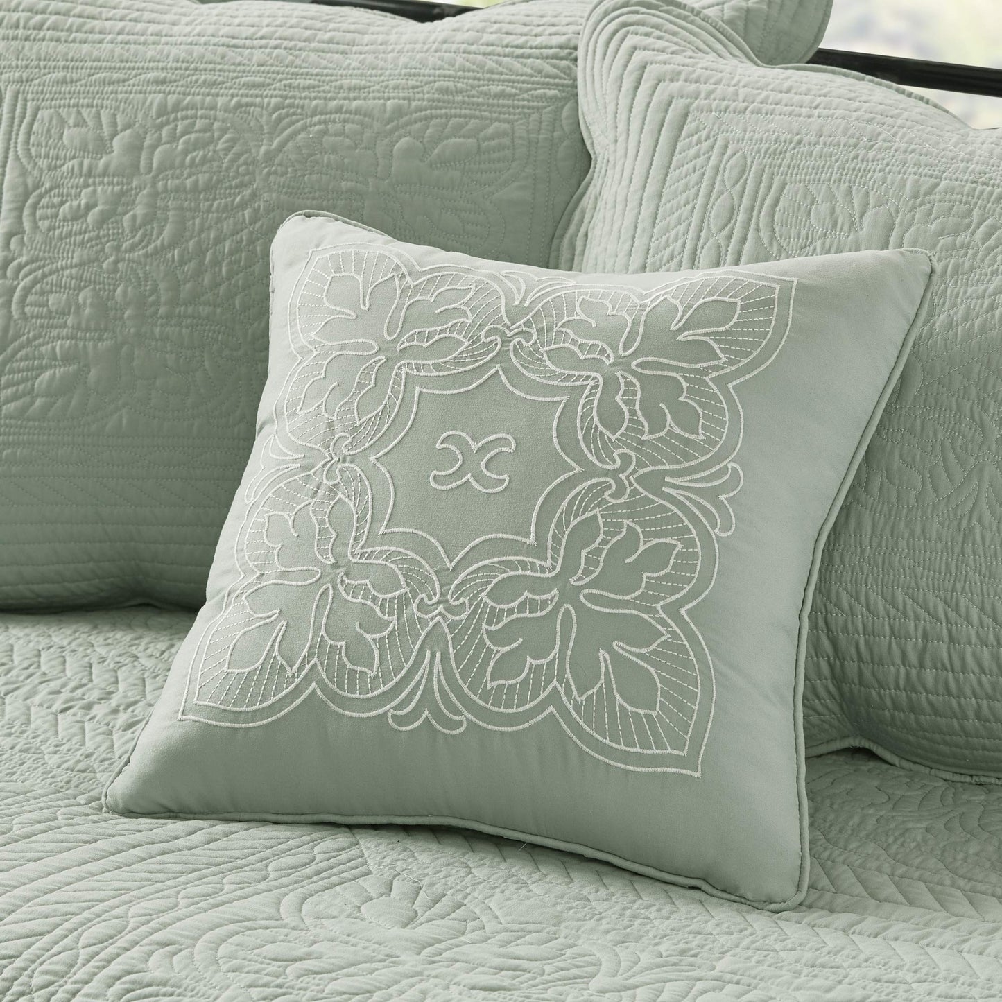 Madison Park Daybed Cover Set Damask Quilted Cover for Daybeds, All Season, Pre-Washed Cotton-Filled Coastal Bedding Scallop Edge, Shams, Bedskirt, Décor Pillows, Tuscany, Seafoam, 39"x75", 6 Piece
