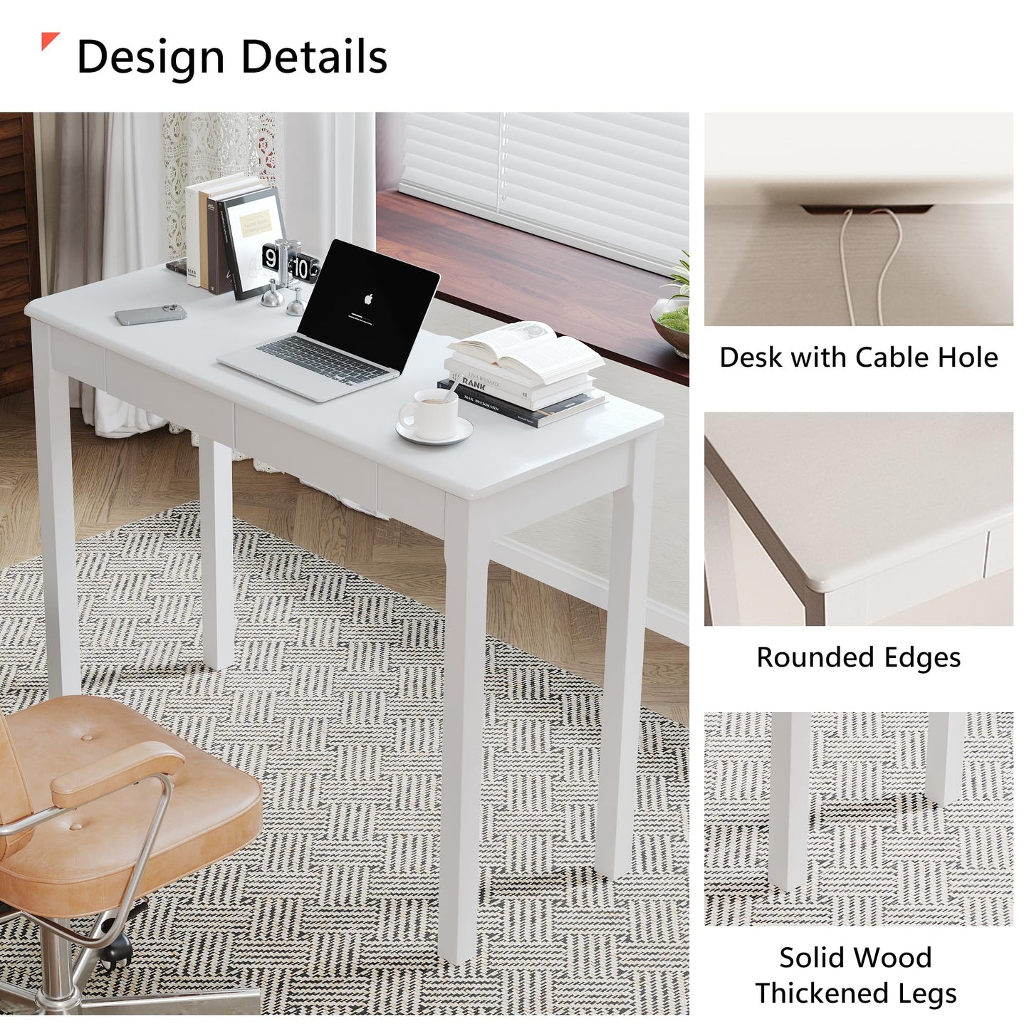 Love-KNPTUS Solid Wood Desk with Drawers - 39" Narrow Desks for Small Spaces, Mid Century Modern Desks, Small Wooden Vintage Computer Writing Desk, Study Table for Home Office Bedroom, White