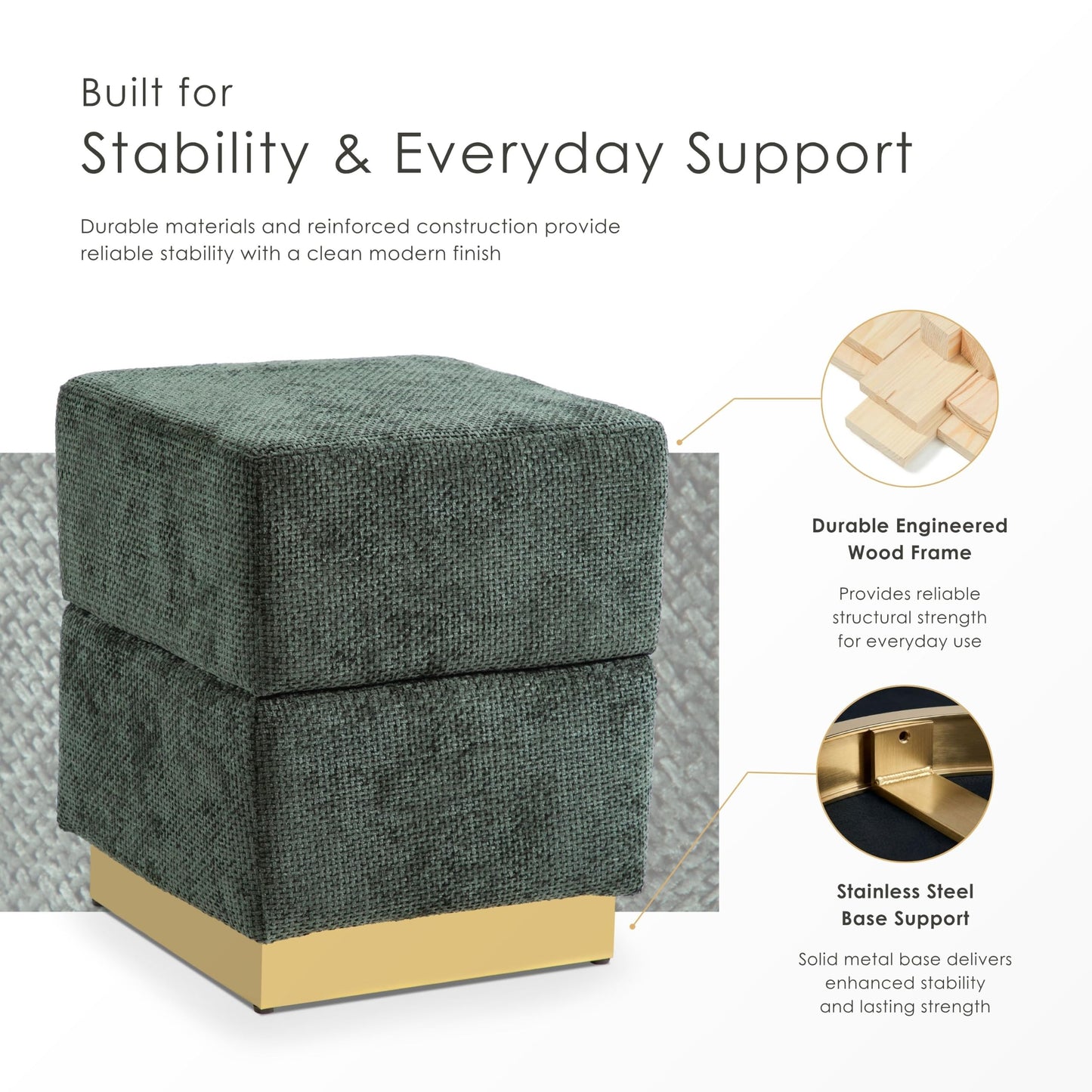 Furniture of America Renzo Modern 15-inch Chenille Cube Ottoman with Storage Compartment and Stainless Steel Base, Vanity Stool Chair, Small Foot Stool for Bedroom, Living Room, Entryway, Beige