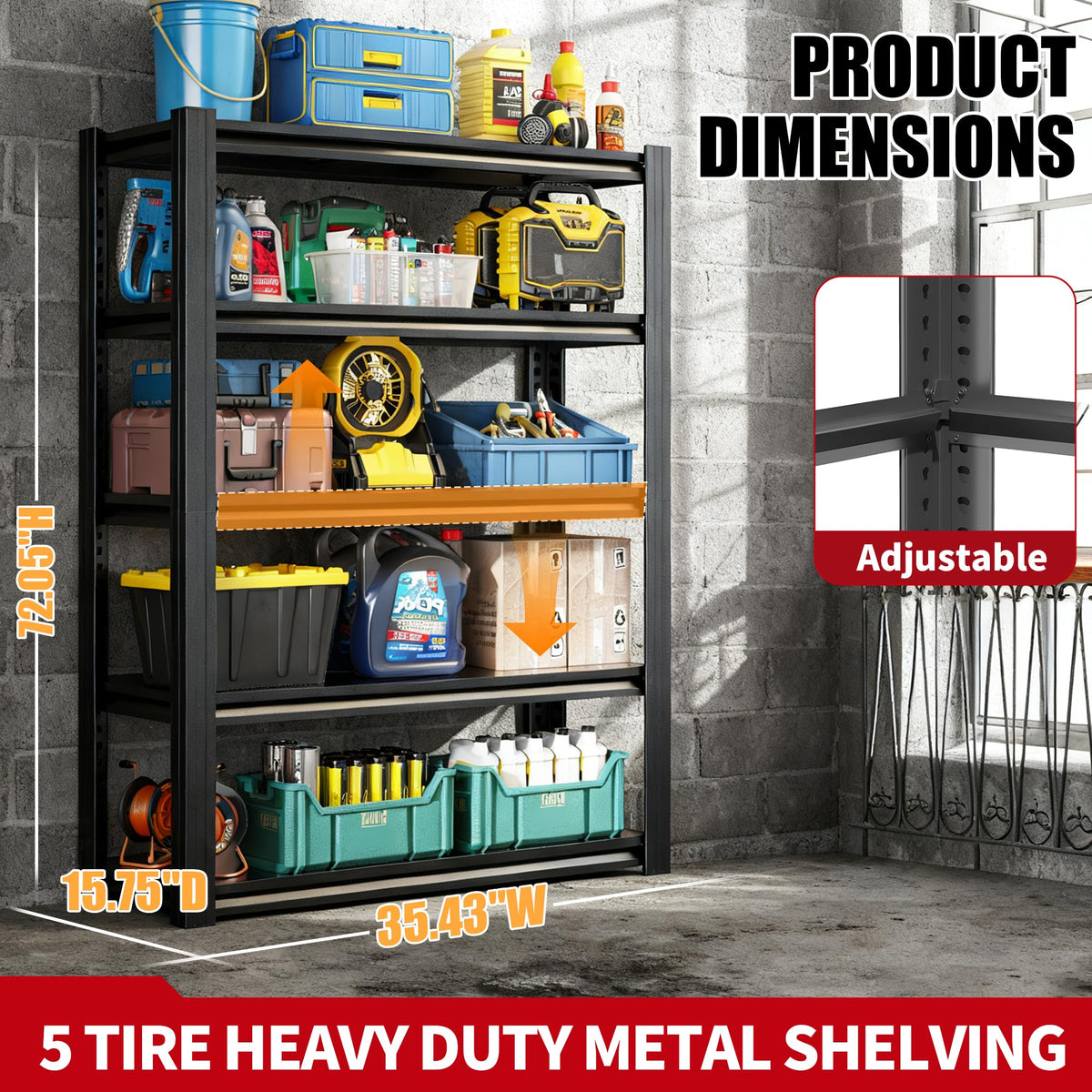 FOSTOKO Storage Shelves, 5-Tier Garage Shelving, Adjustable Heavy Duty Shelving Units, Metal Industrial Utility Organizer Storage Racks for Basement, Kitchen, Warehouse, Pantry,16" D×36" W×72" H