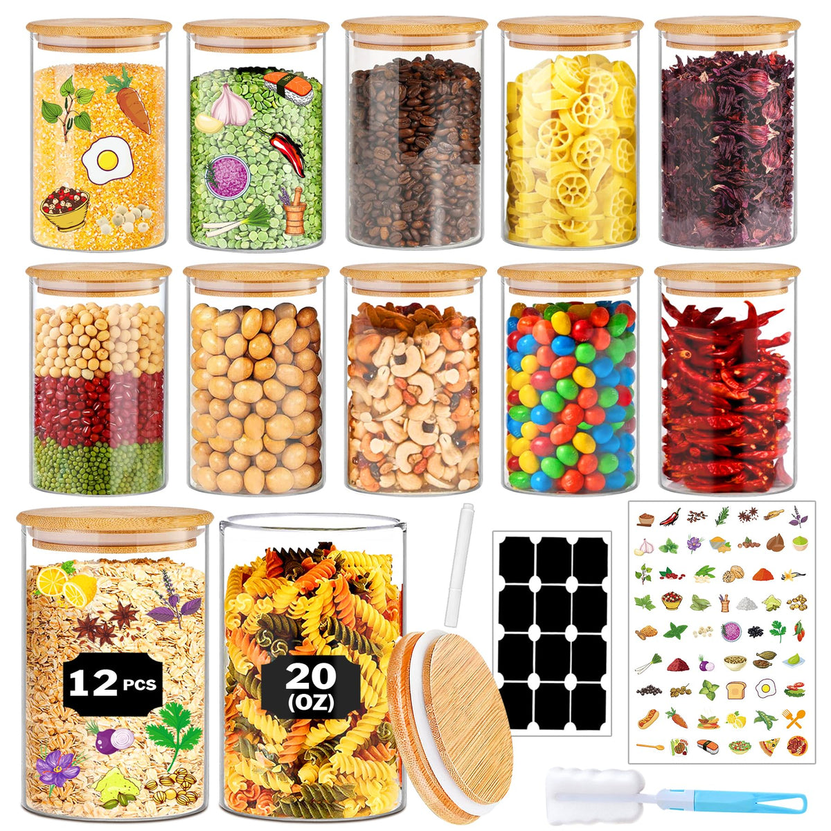 BGraceyy Glass Jars with Bamboo Lids 20 oz, 12 Pcs Stackable Kitchen Glass Pantry Storage Containers with Airtight Bamboo Lids for Rice, Candy, Sugar, Flour, Nuts, Cookie, Bean