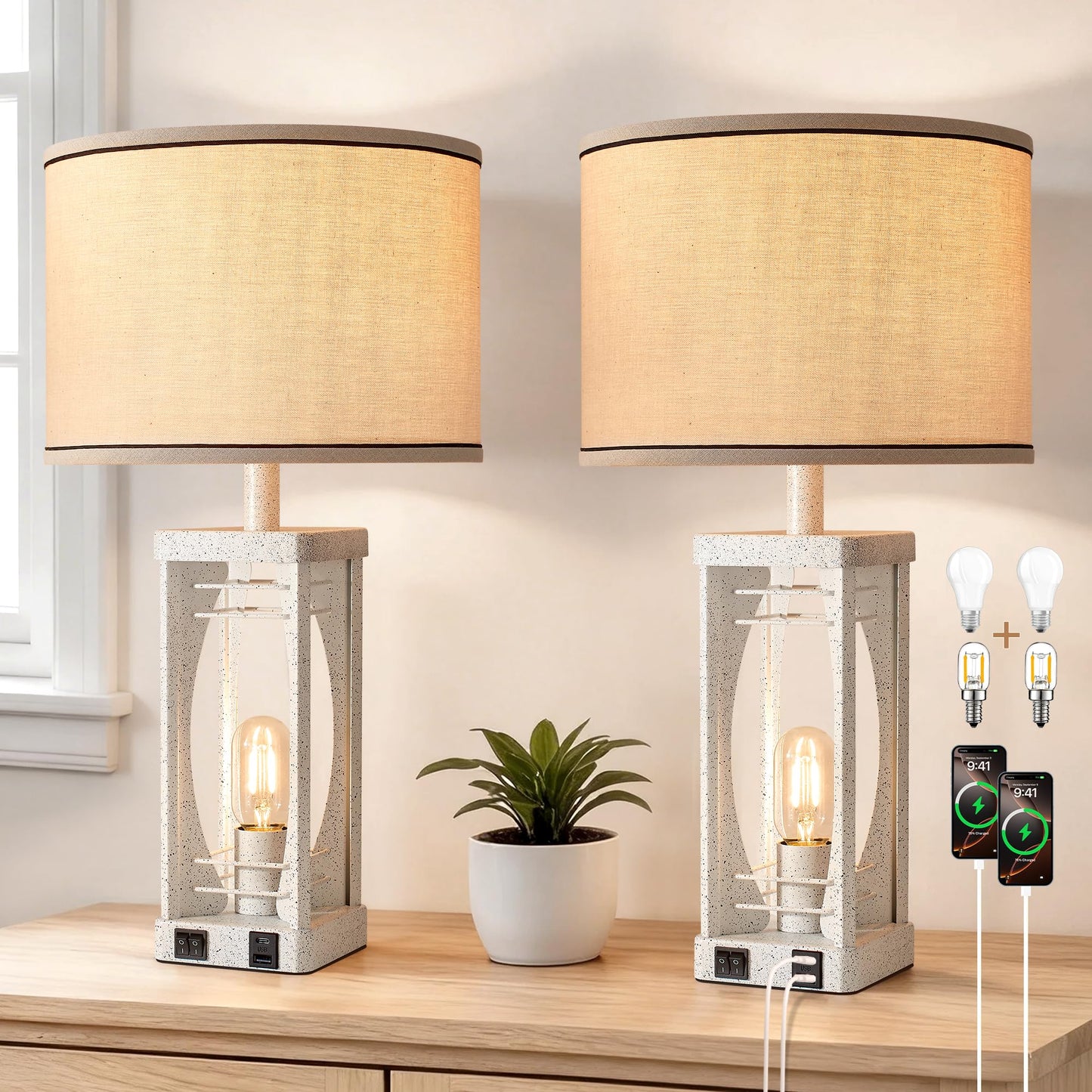 SRJJA Farmhouse Table Lamps Set of 2 for Living Room, Modern Industrial Bedside Lamps with USB A+C Charging Ports, 22.5" Dual Light Nightstand Lamp with Linen Shade for Bedroom End Tables