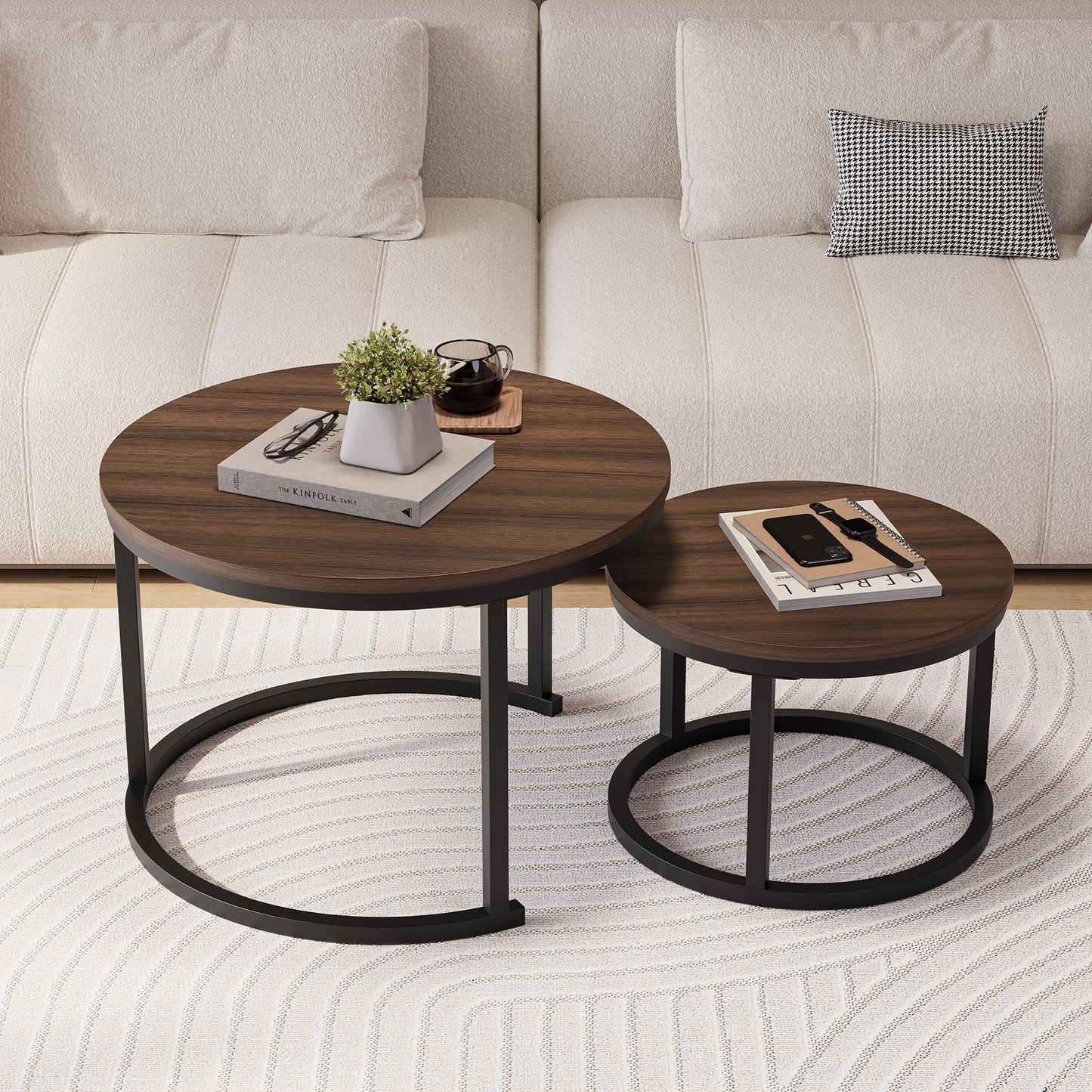 HOJINLINERO Round Coffee Table,Nesting Coffee Table Set of 2,Center Tables for Living Room,Office, Home Small Space,Stacking Side Tables,Sturdy and Easy Assembly,Wood Desktop,Walnut+Black,Large