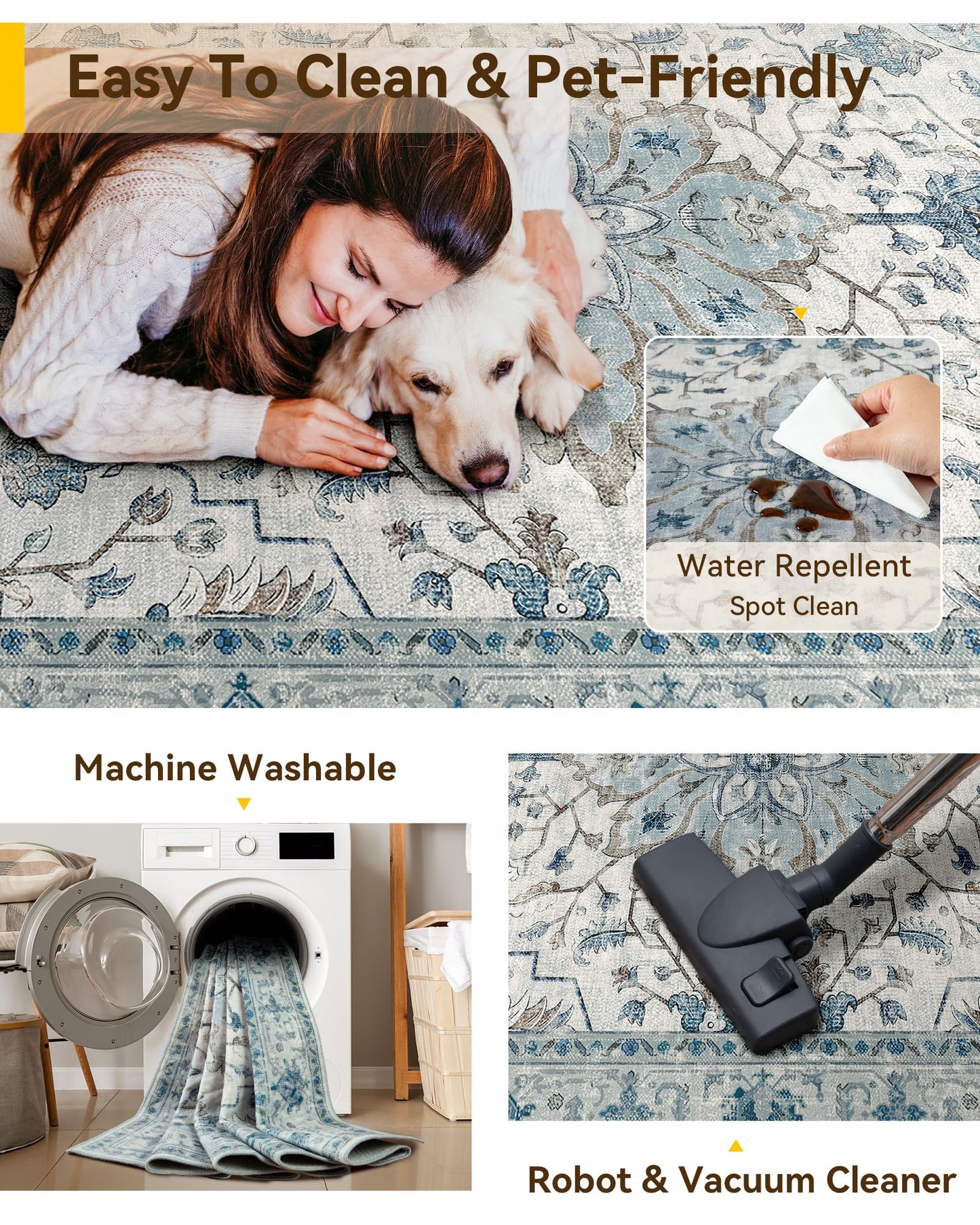 RELEANY Area Rugs 8'x10' Washable Non-Slip, Floral Vintage Distress Medallion Carpet for Living Room Bedroom Dining Room, Light Blue Navy Gray White