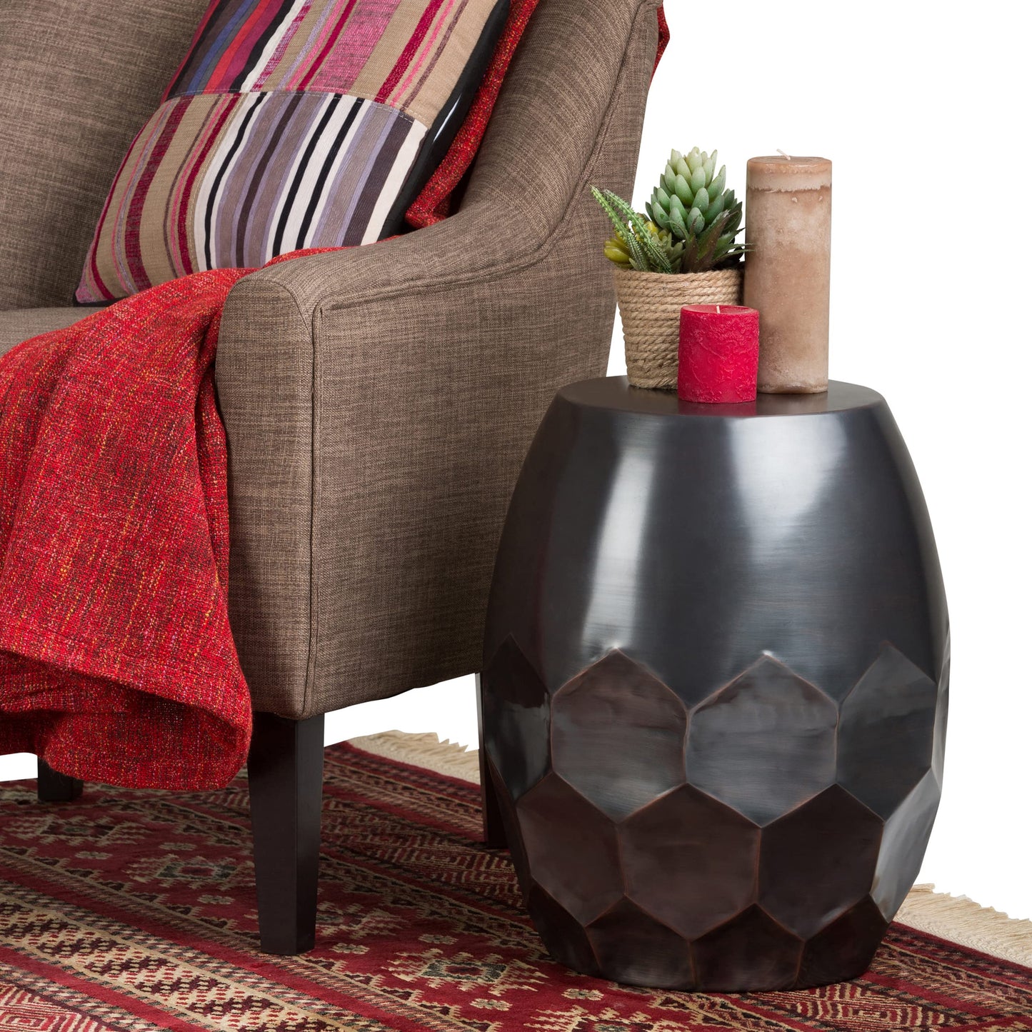 SIMPLIHOME Flanigan Metal Accent Table - 16 inch Wide Solid Metal Round Drum Side Table in Antique Copper, Industrial End Table or Coffee Table for Living Room with Honeycomb Design, Assembled