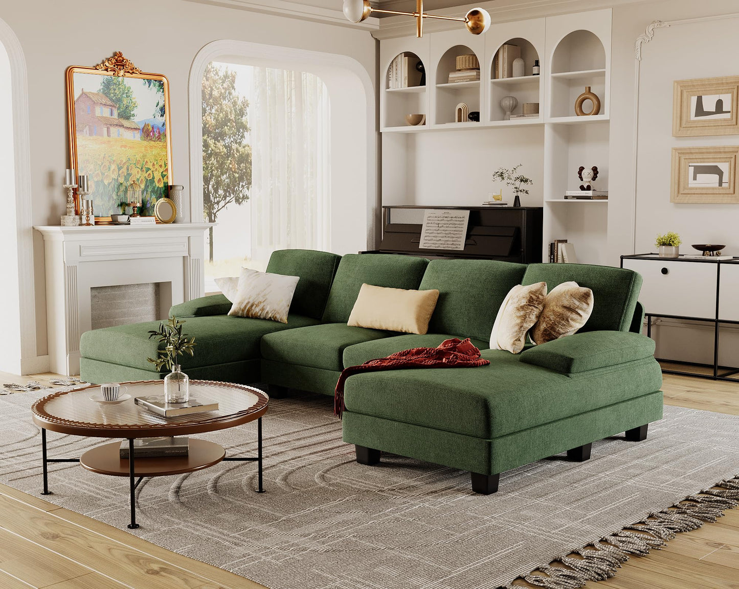 Furmax Sectional Couches for Living Room, U-Shaped Sofa Couch with Linen Fabric, 4 Seat Sofa Set with Double Chaise for Apartment (Chenille, Green)