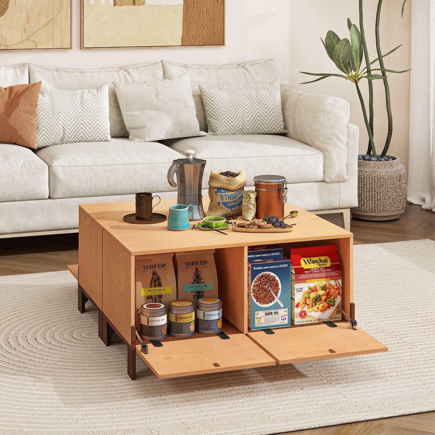 WHOOSPEREH Sebastack Coffee Table, Expandable Entertainment Center and Media Console with Storage and Drawer,Wooden Furniture for Living Room, Bedroom，31 inch Width Beech Color (1 pcs)