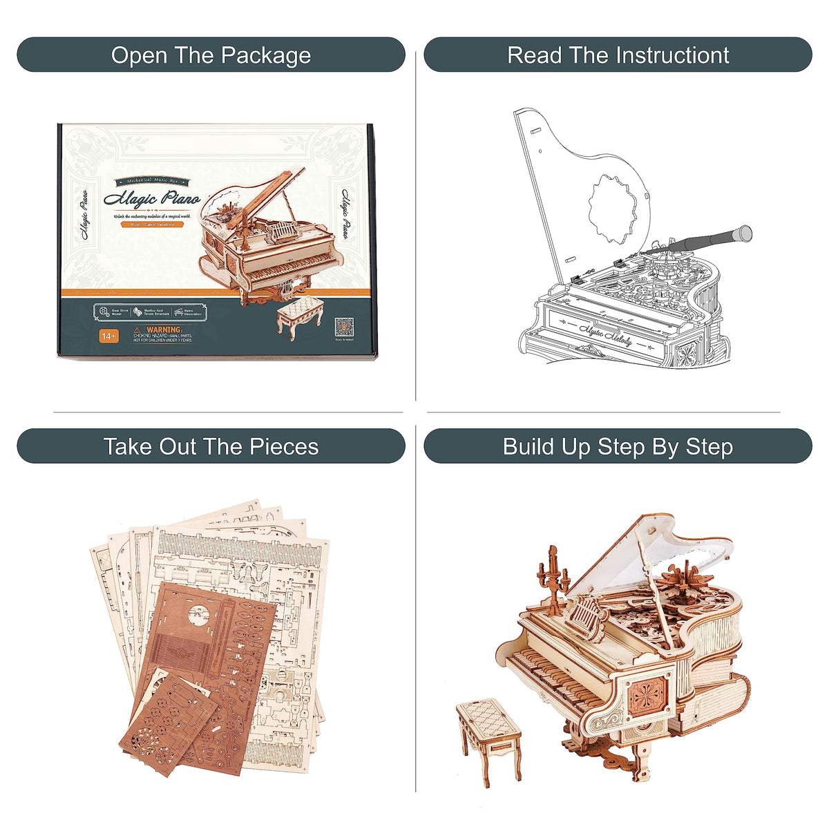ROBOTIME AMK81 Magic Piano 3D Puzzles for Adults-Mechanical 3D Puzzles Musical Instrument-Wooden Music Box Puzzle Kit to Build-Aesthetic Desk Decor Unique Gift for Men/Women
