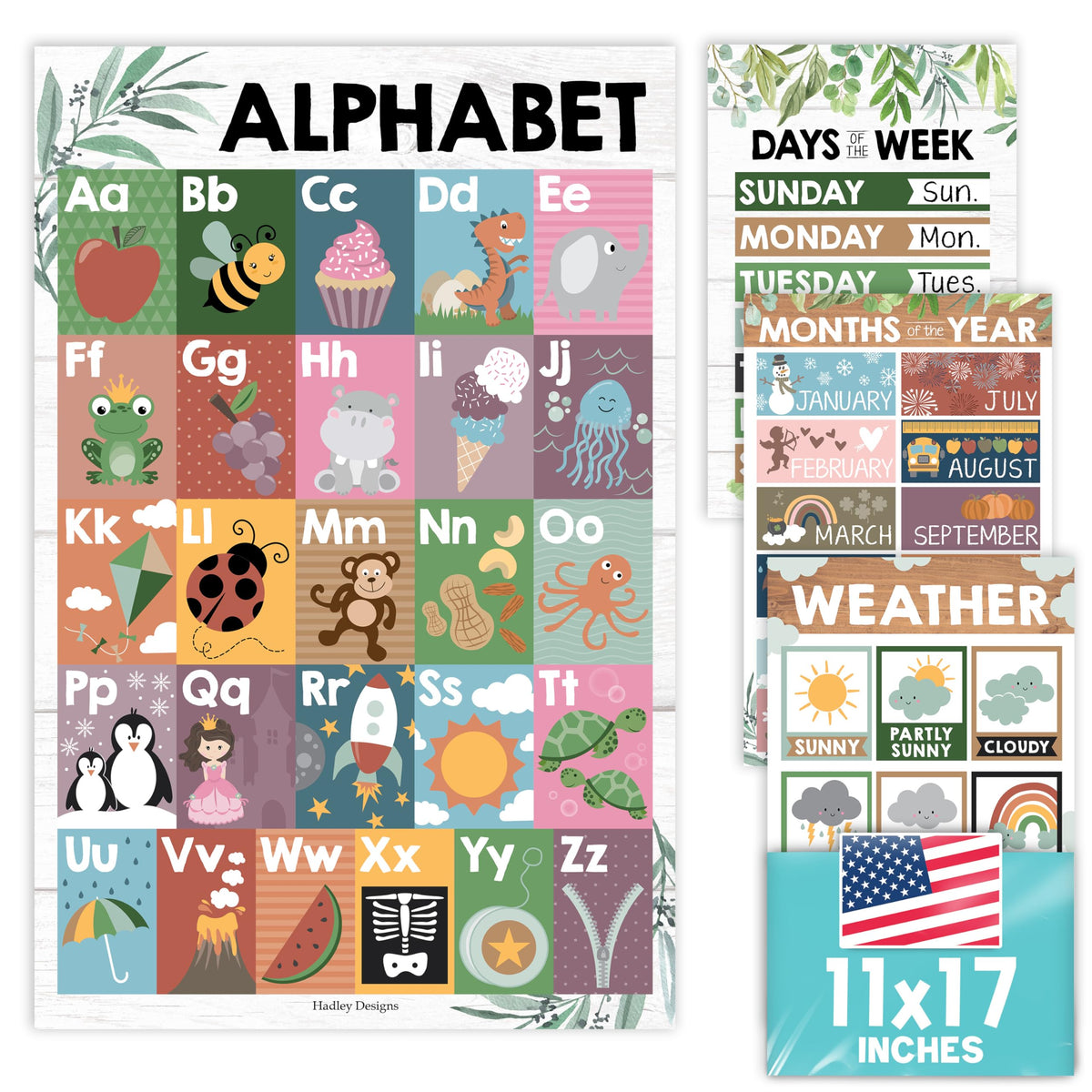 4 Farmhouse Kids Educational Posters For Toddlers,Alphabet Poster For Toddlers, Days Of The Week For Kids, Months Of The Year For Classroom Decorations For Teachers, Kindergarten Homeschool Supplies…