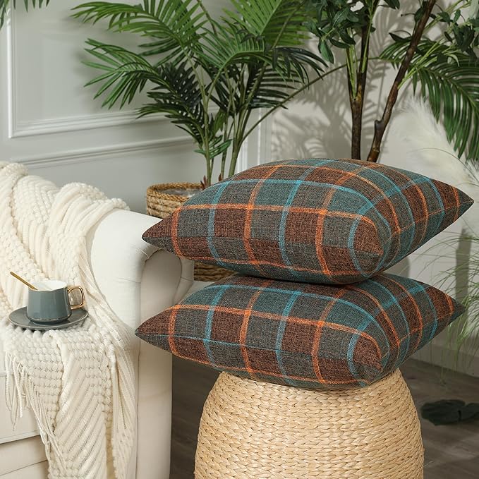 Stellhome Pack of 2 Fall Linen Buffalo Check Throw Pillow Covers, Farmhouse