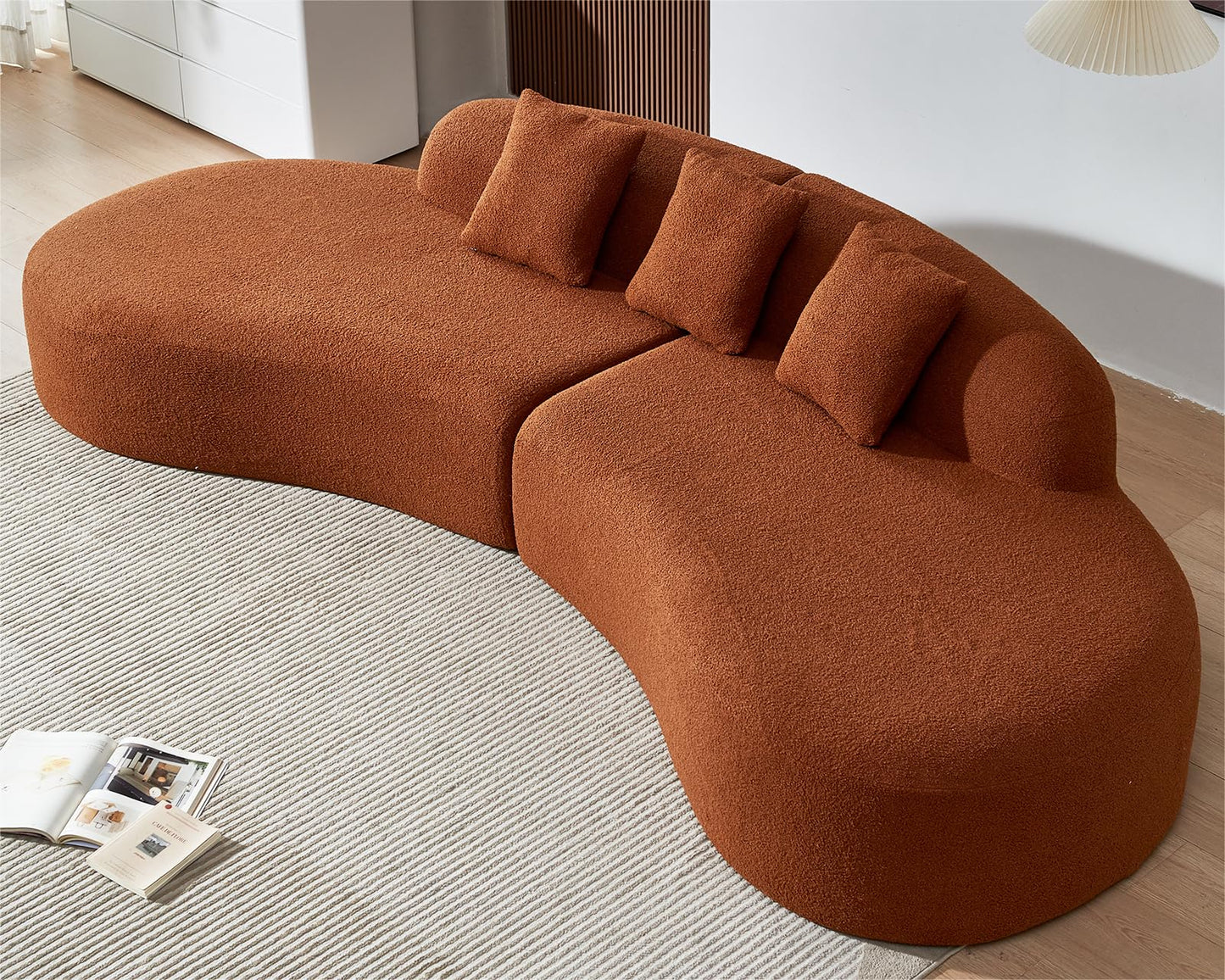 BBTJOINT Modern Curved Sectional Sofa, Boucle Fabric Boneless Couch, Oval Shape Chaise Lounge for Living Room with 3 Throw Pillows, (Burnt Orange)