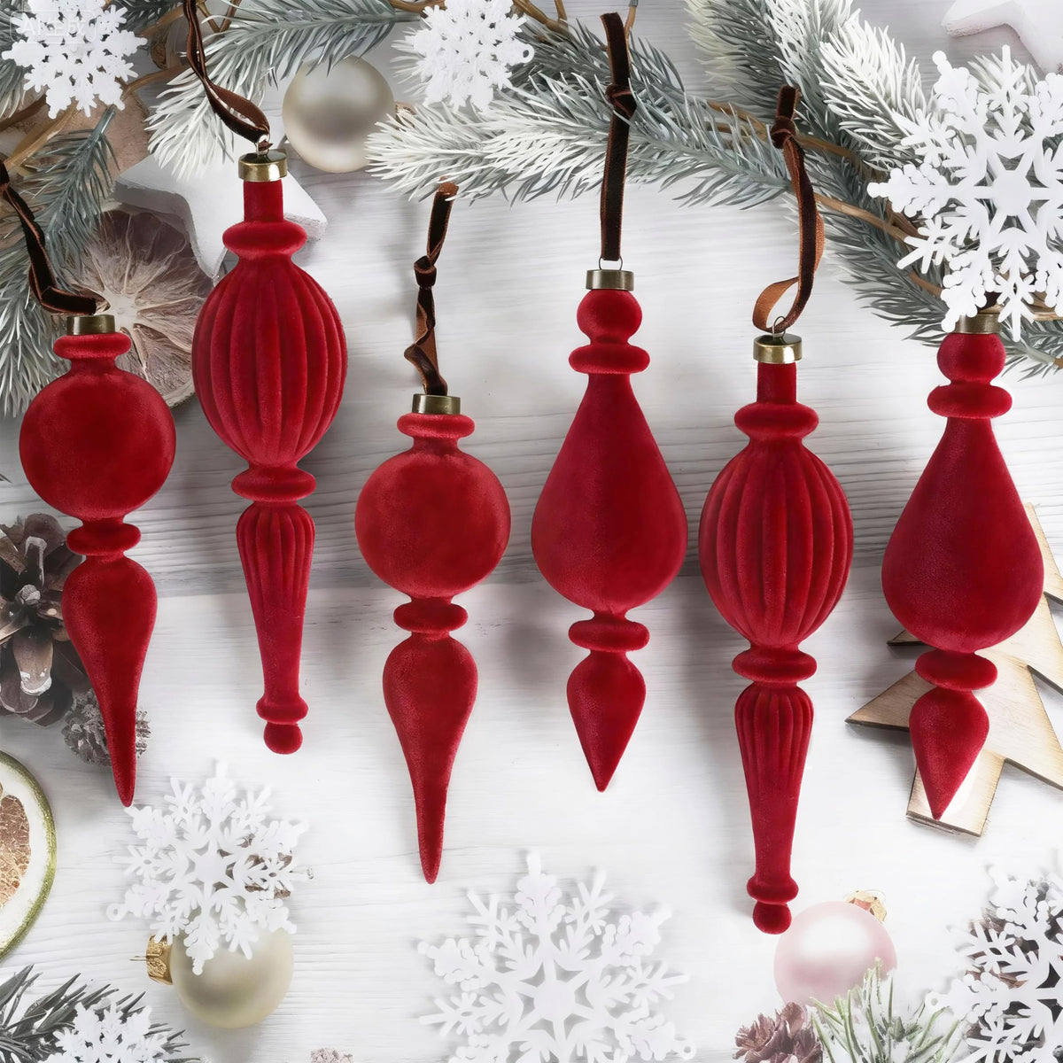 6 Pcs Red Velvet Finial Christmas Tree Ornaments - Velvet Pendants Shatterproof Flocked Christmas Hanging Ball Ornaments Hanging Neutral Decorations for Xmas Tree Winter Holiday Decorations