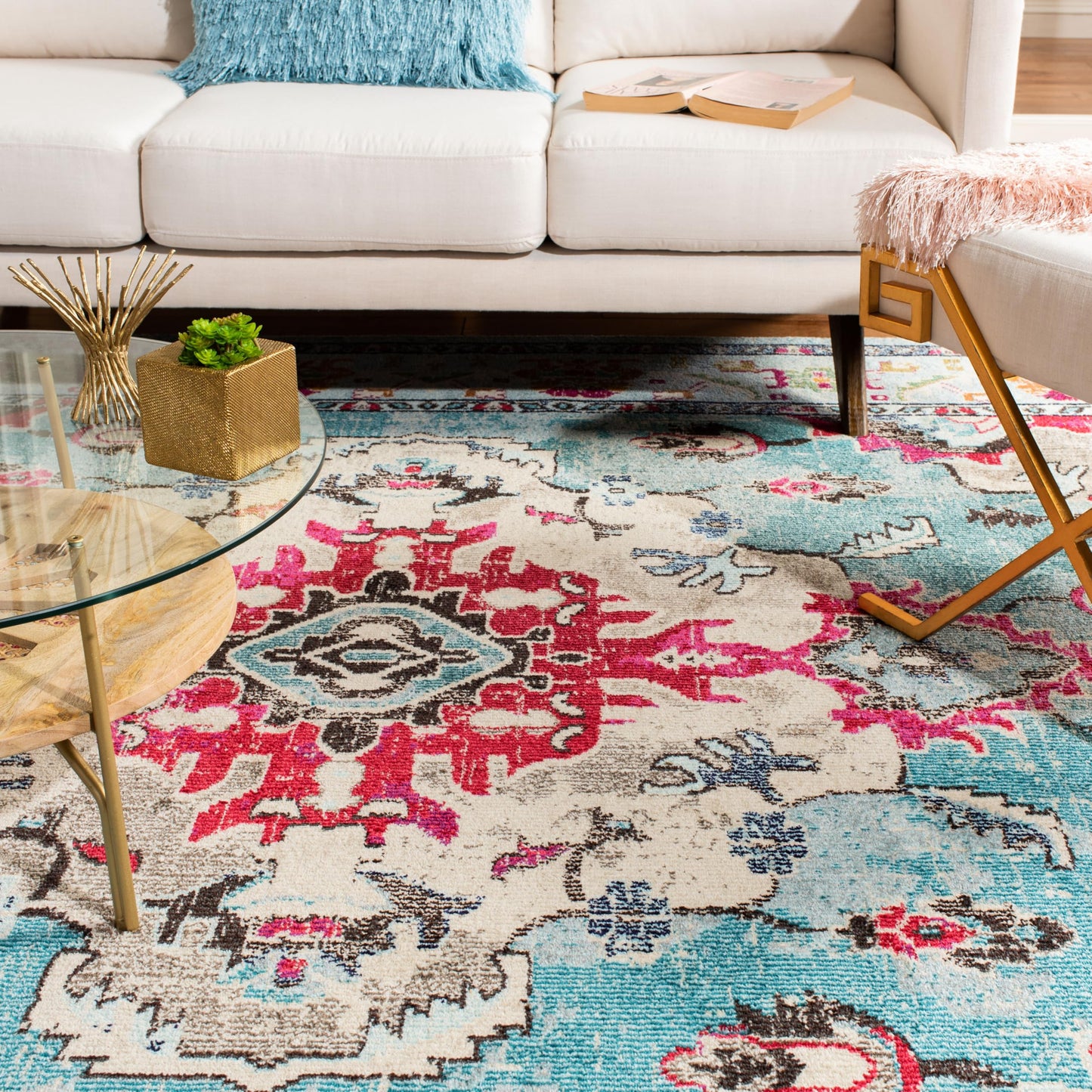 SAFAVIEH Monaco Collection Runner Rug - 2'2" x 14', Light Blue & Fuchsia, Non-Shedding & Easy to Clean, Distressed Medallion Design, Ideal for Hallway, Foyer, Entryway, Kitchen, Bedroom (MNC243J)
