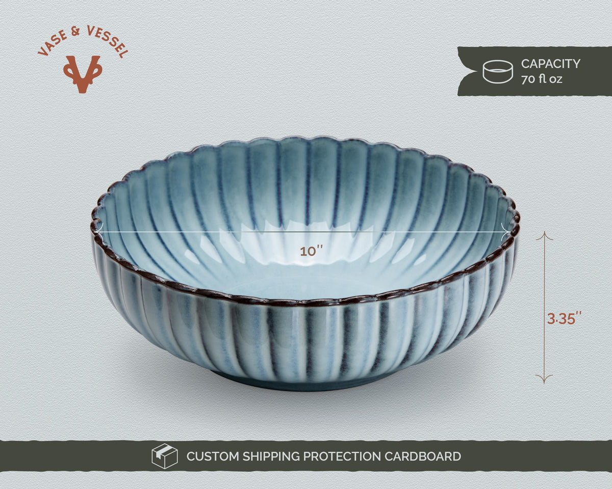Serving Bowls, Durable Ceramic, Large, Microwave and Dishwasher Safe, Scalloped Shell Shape, Ombre Blue, 70 oz, Set of 2, Tidal Collection