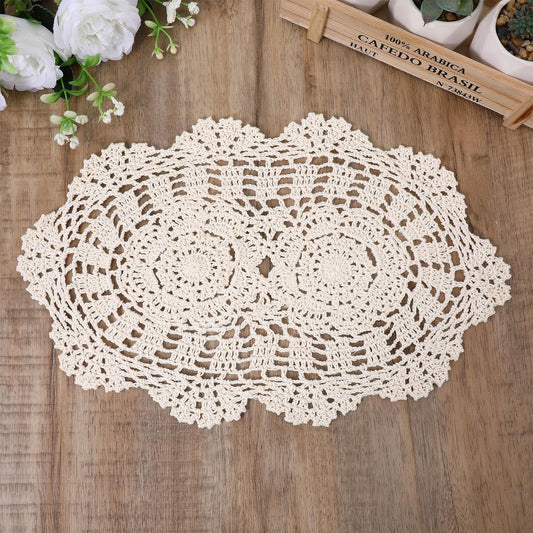 2 PCS Crochet Doilies, Oval Vintage Doilies for Furniture, Elegant Beige Lace Placemats for Dining, Tea Party, Wedding Decor, Furniture
