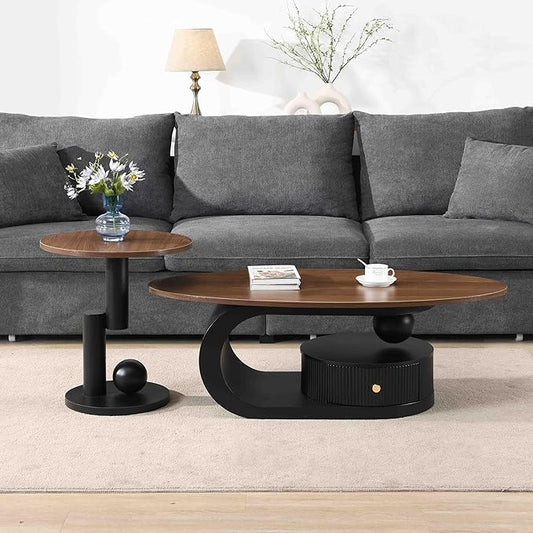 Modern Oval Coffee Table Set of 2, Wood Living Room Accent Coffee Table and