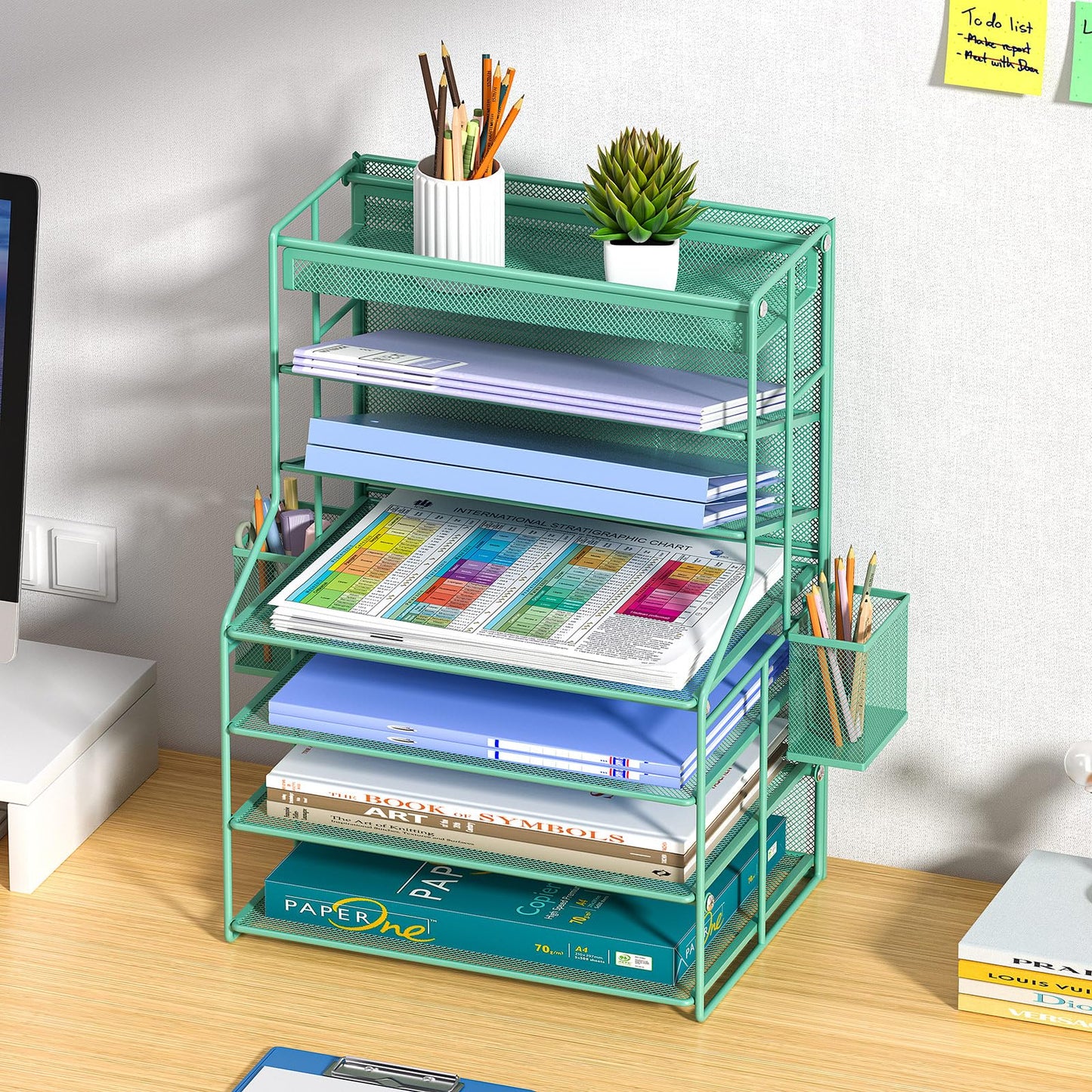handimp Green 7 Tier Office File Organizer, Letter Tray Paper Organizer with Pen Holder and Metal Hanging Basket, Vertical Desktop File Holder for Home Office Organization