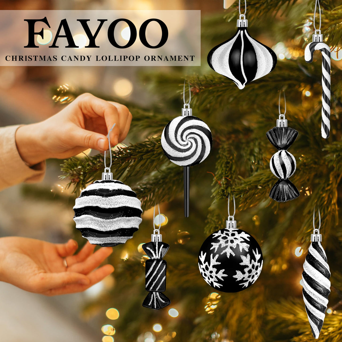 Candy Christmas Ornaments Set, Candy Cane Ornaments for Christmas Tree, Black Christmas Tree Decor 48pcs